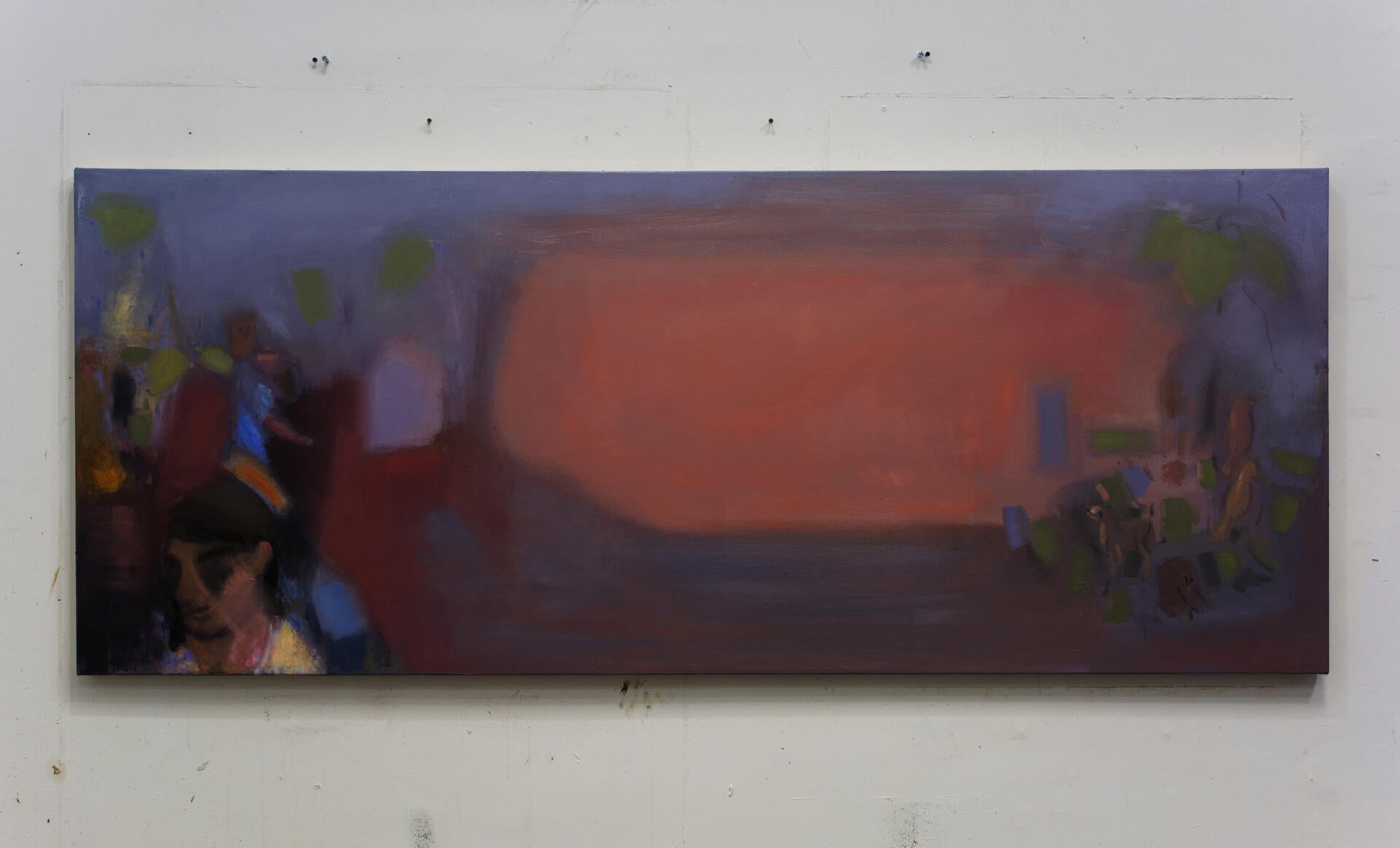 A long, mostly gray painting with figures and a peach colored middle section