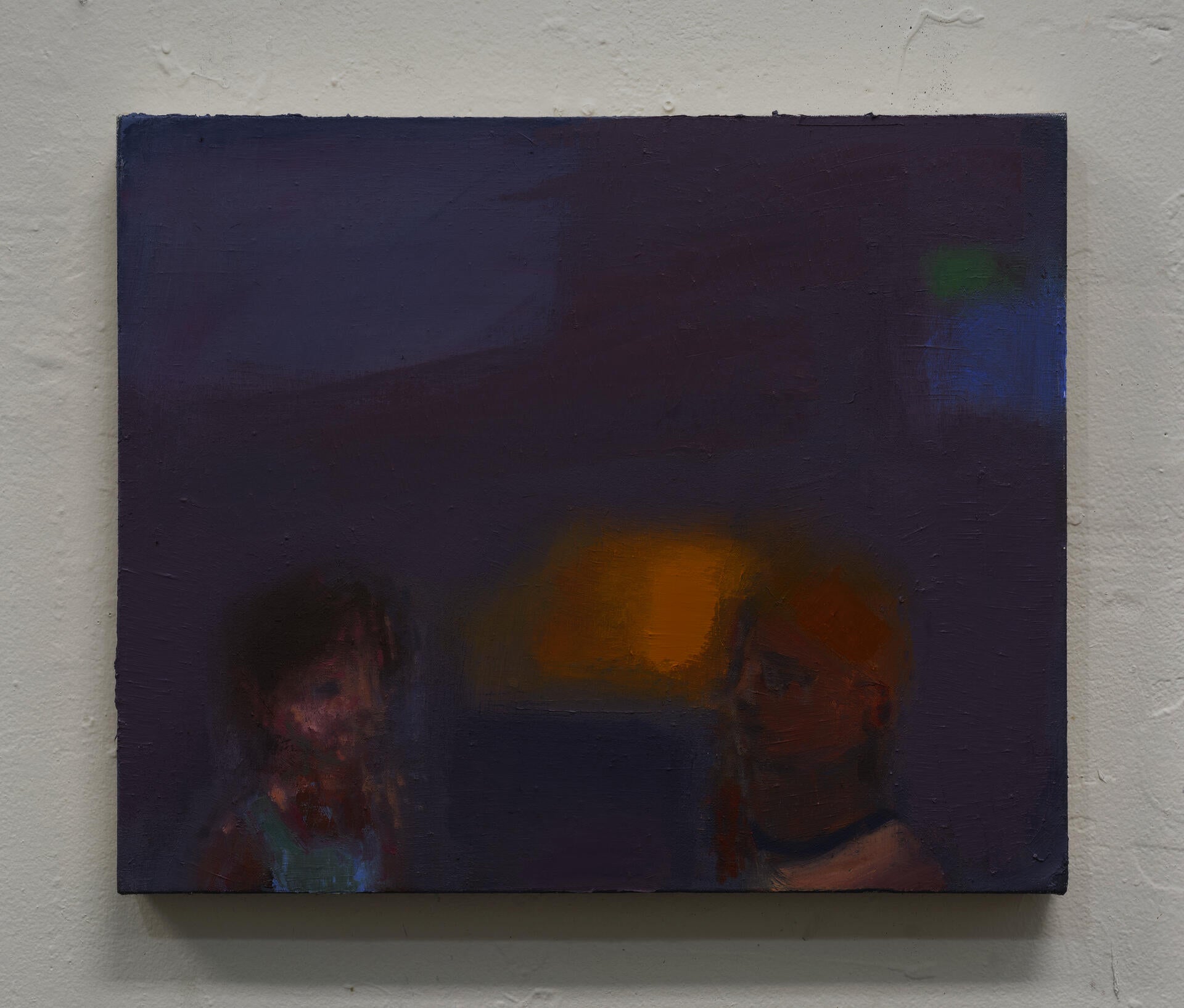 A gray-purple painting with two figures speaking to one another
