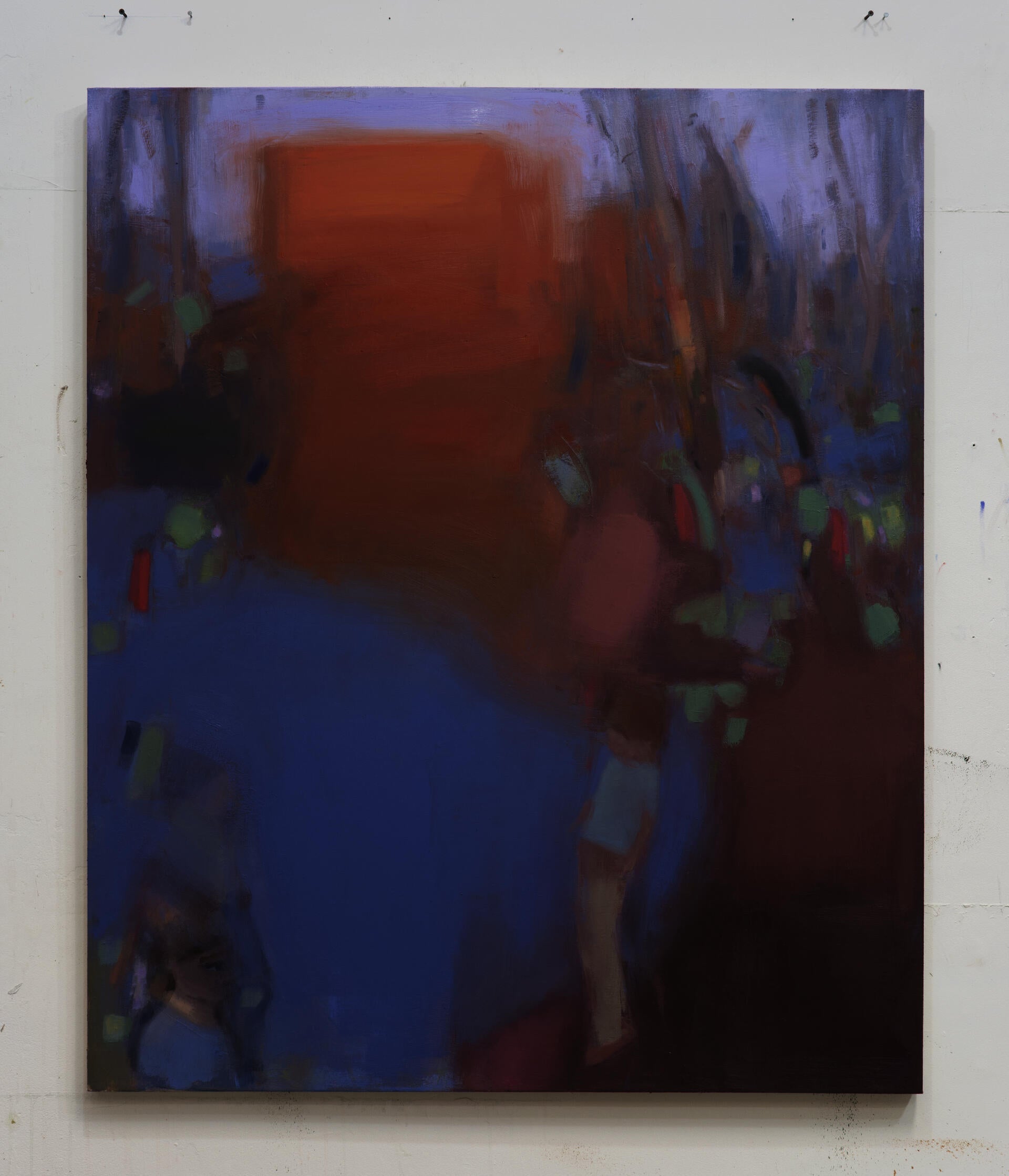 A mostly blue landscape painting with figures at bottom
