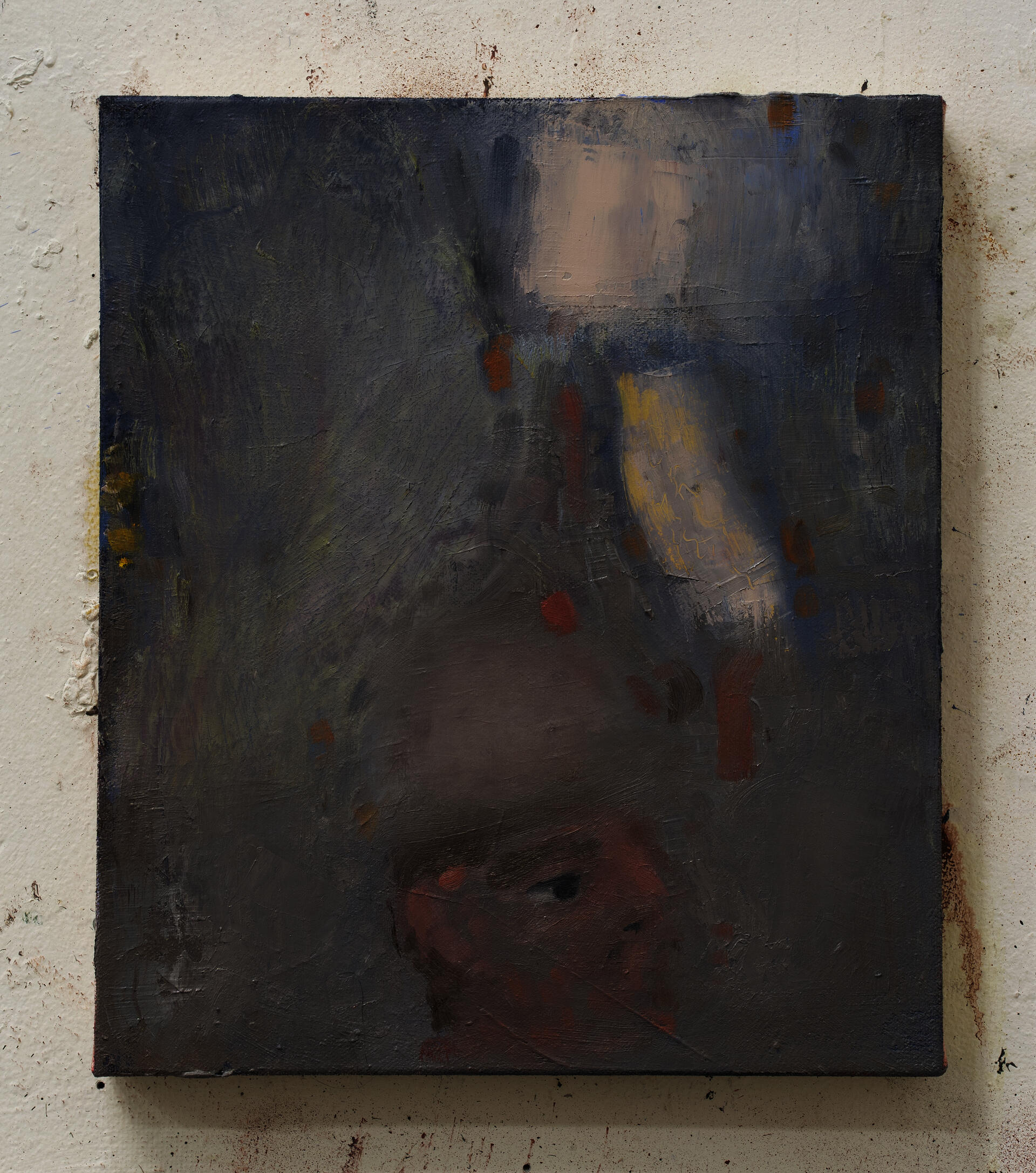 A gray-blue painting of a single male figure, seen from shoulders up