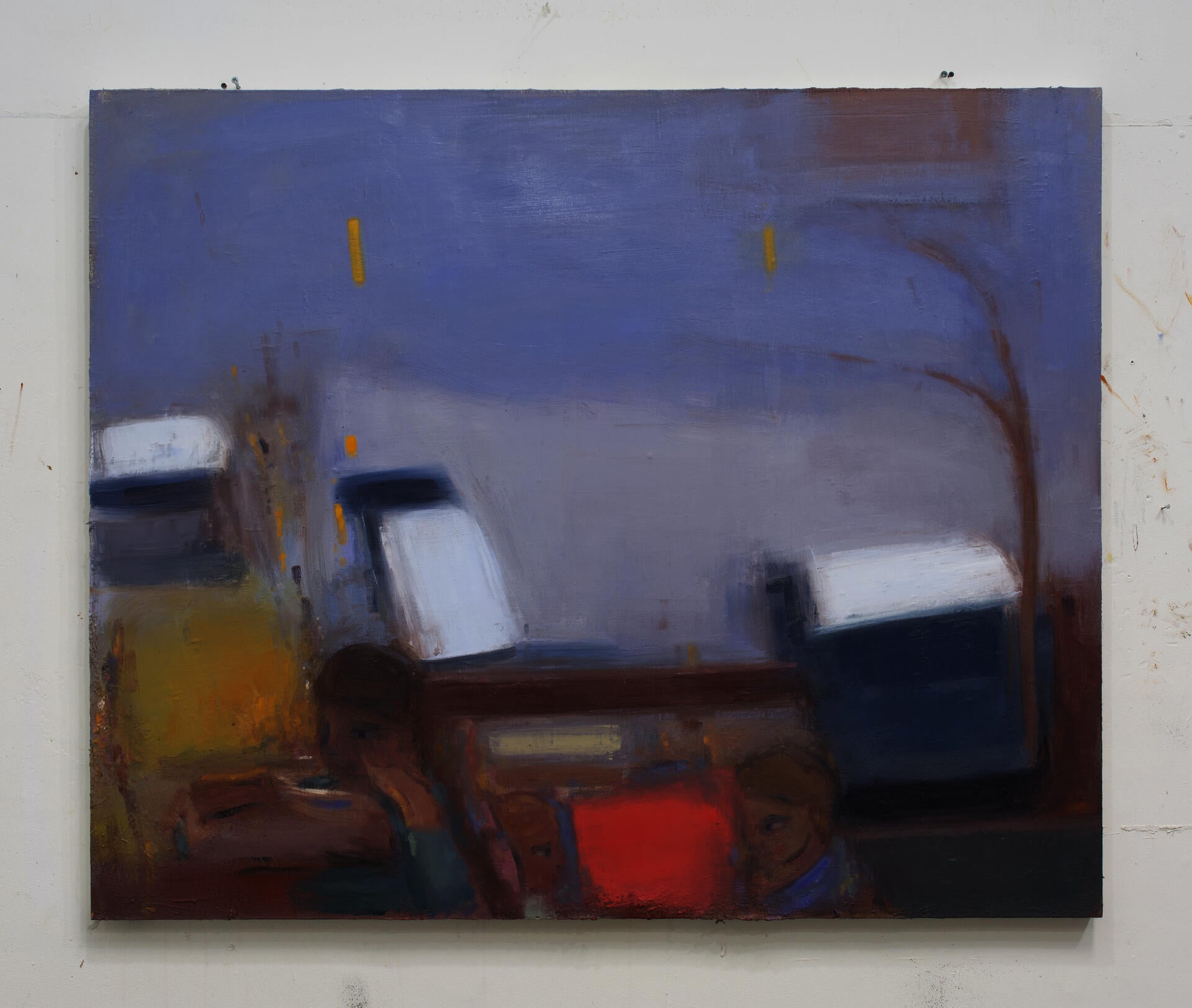 A mostly gray painting of figures at bottom and a parking lot above