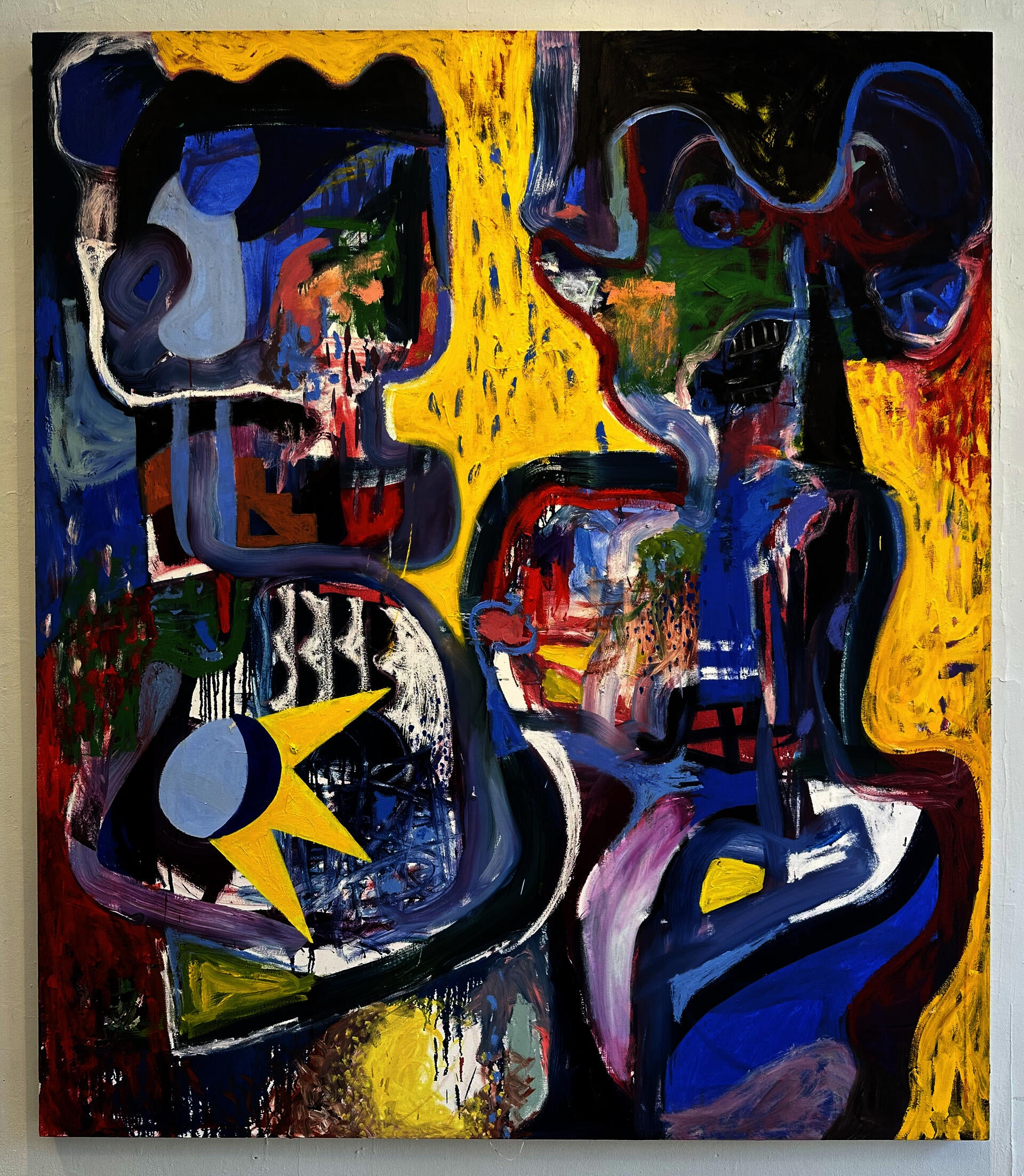 Two abstract figures interacting.