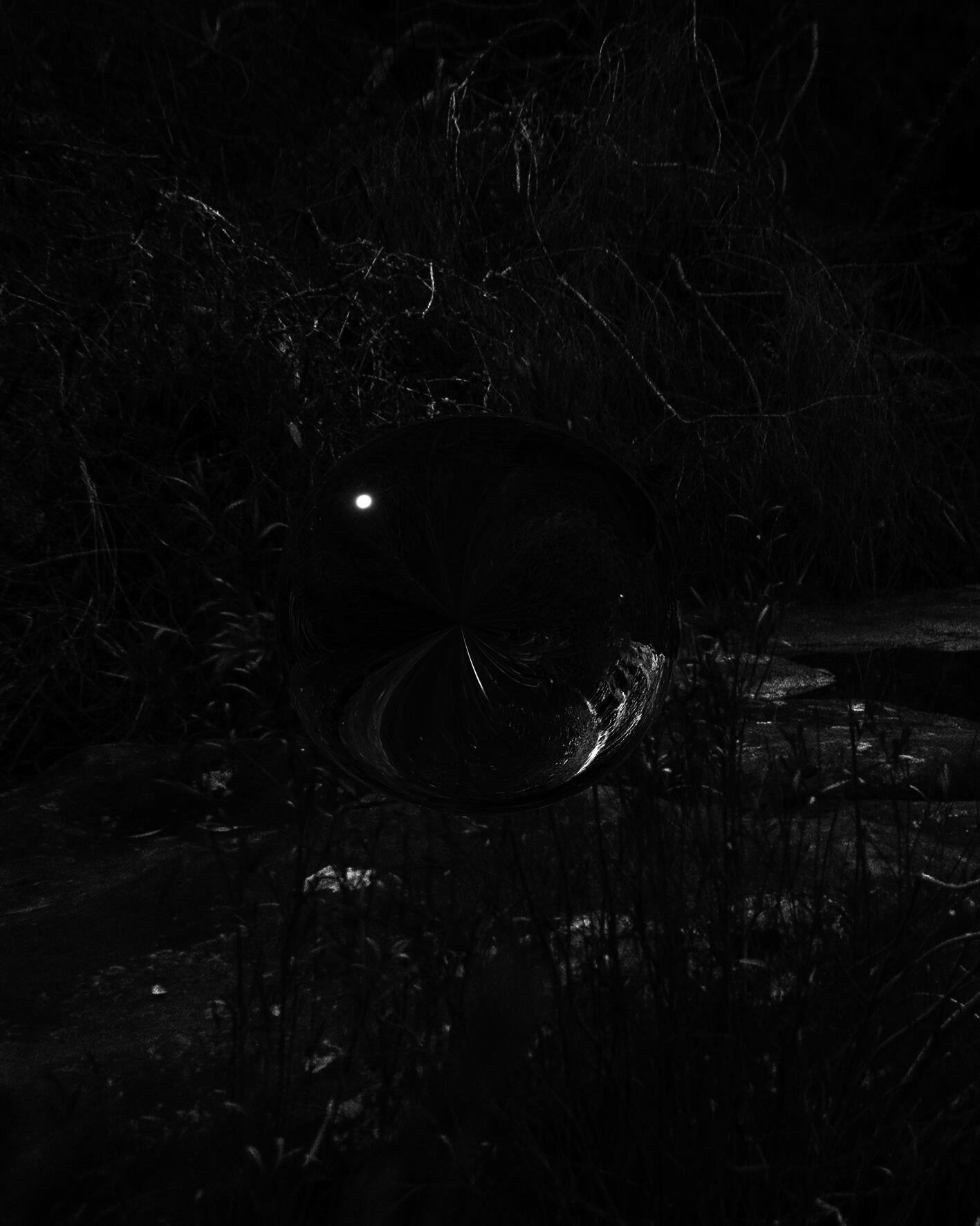 A black and white photograph of a reflective orb, floating in mid air, at night, amongst bushy trees and a water creek underneath.