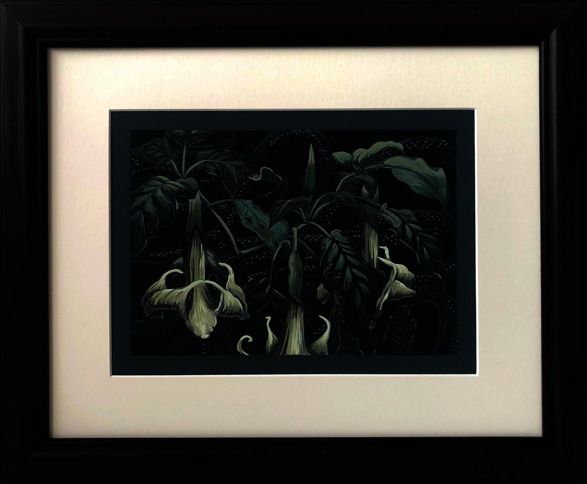 Painting of pendulous, yellow flowers over a dark background and the writhing body of a snake.