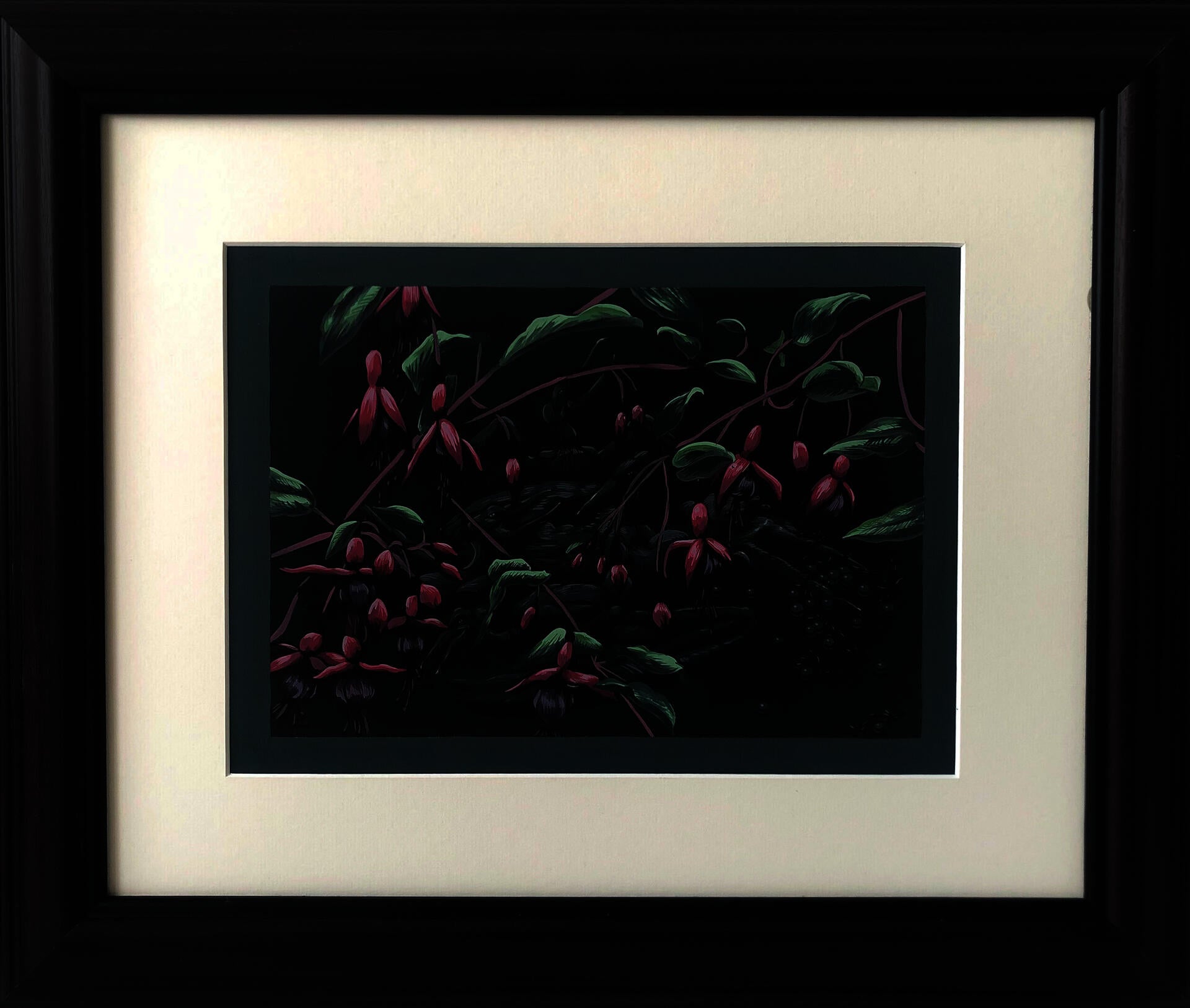 Painting of bright, pink fuchsias intersecting over a dark background and the forms of multiple pelicans.