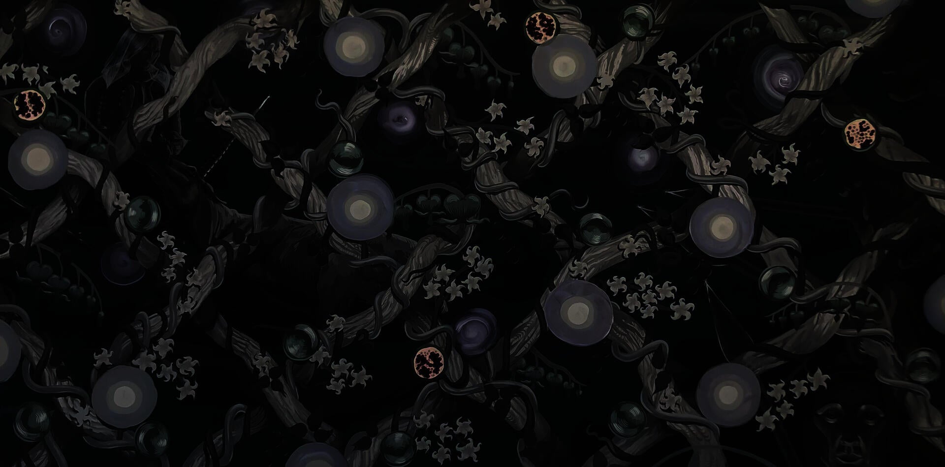 Painting with a trellis of assorted flowers partially covering a dark, indigo background and several figures.