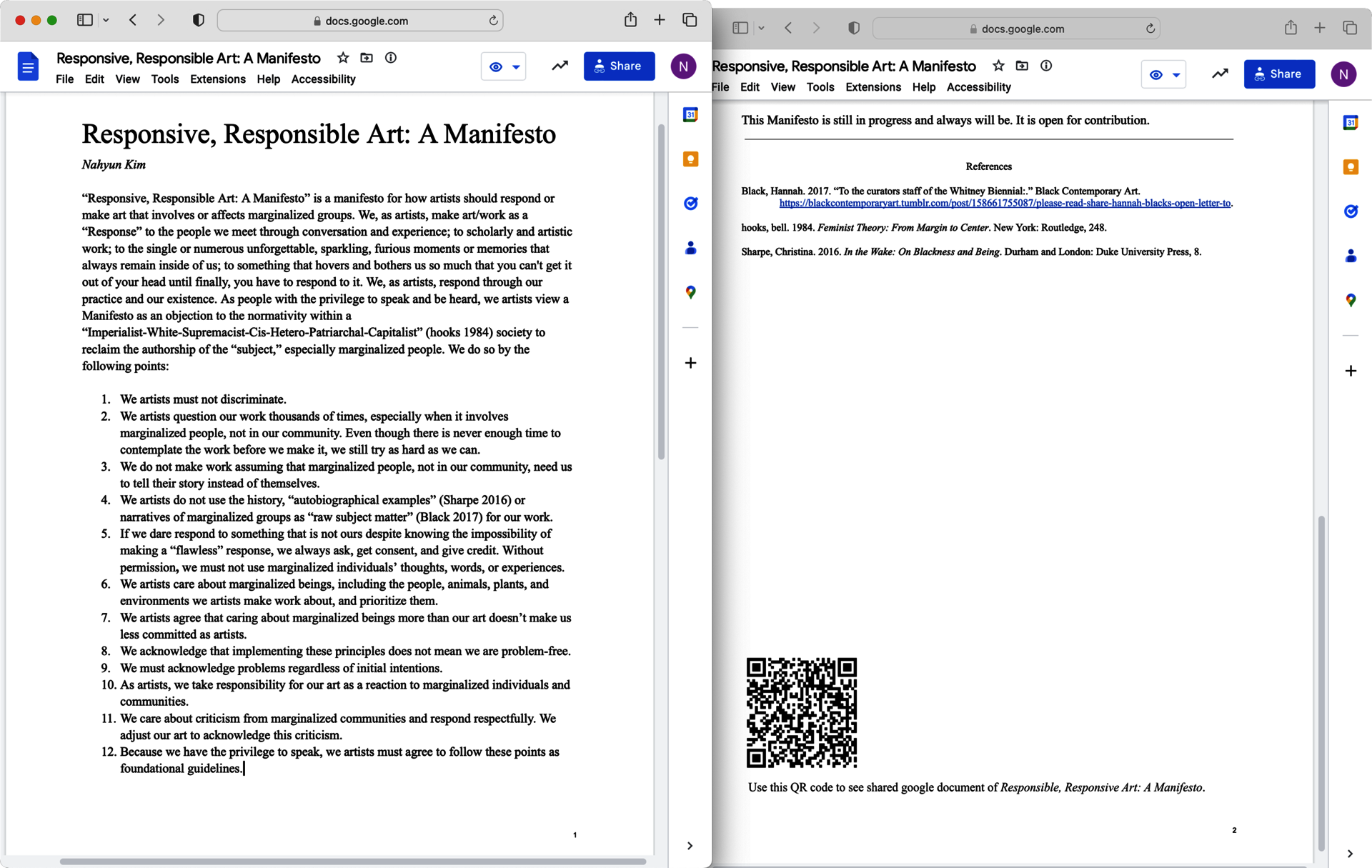 Two pages of “Responsive, Responsible Art: A Manifesto” displayed in a Google Doc. The left page shows a title, introduction paragraph, and a list of guidlines, while the right page presents references and a QR code for reader contributions. All text is black on a white background, except for a link to an article on the reference list.