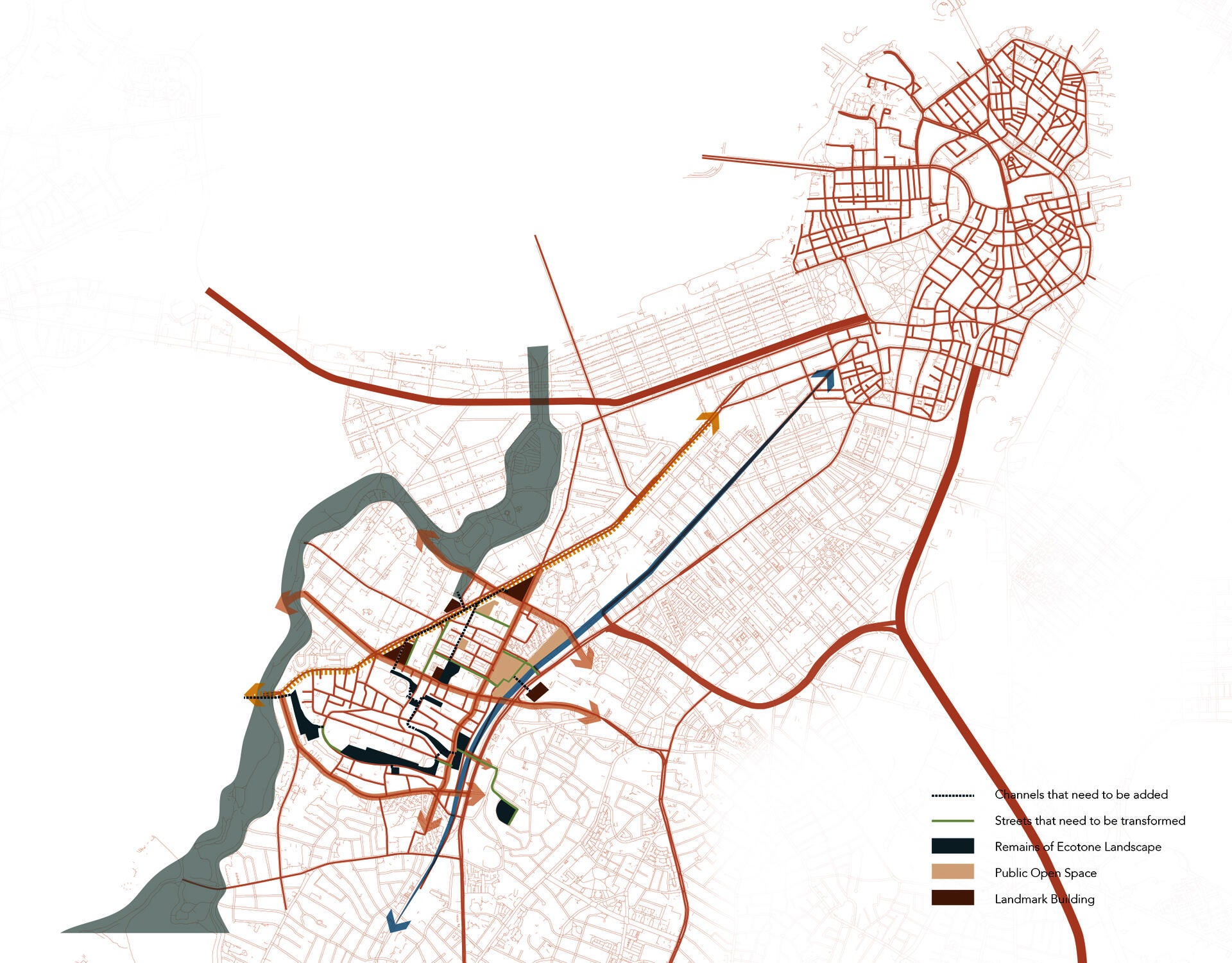 Based on the existing road system and open space of Mission Hill, a reconnection strategy is developed for the public spaces of Mission Hill, forming a new green public space system to stitch all fragmented areas.