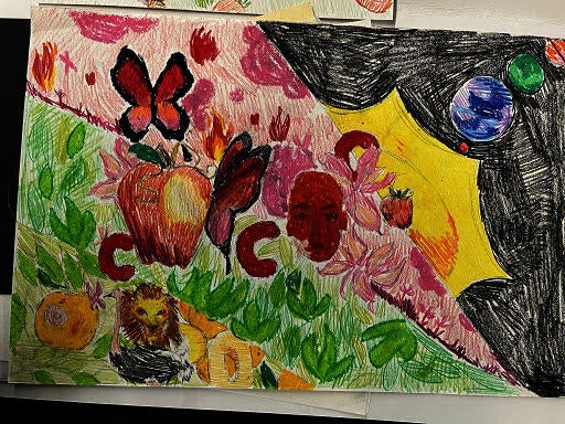 Vividly colored oil pastel and colored pencil drawing depicting the solar system, a red face in front of a pink face, two butterflies, one perched on an apple, a second smaller apple, flames, flowers, green leaves, red “c” shapes, a yellow lion next to an ostrich, and yellow fruit.