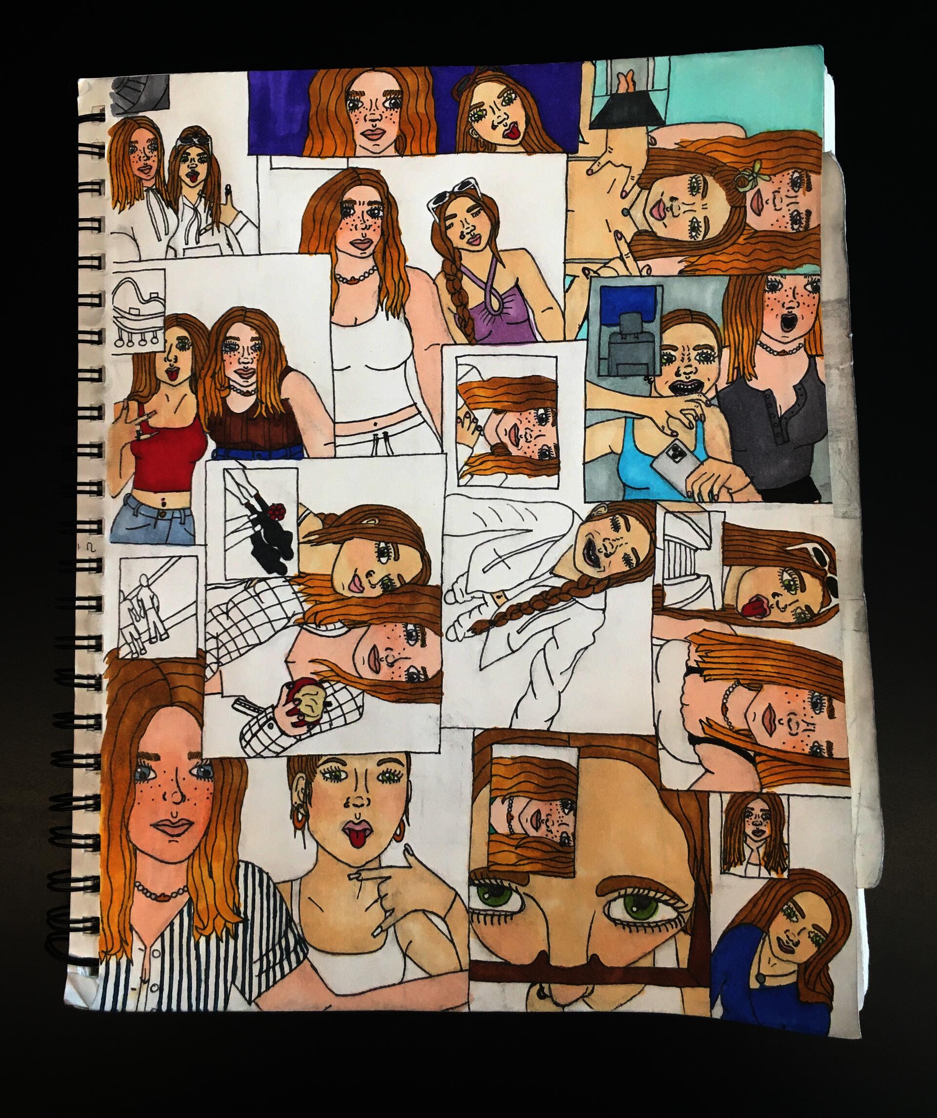 A black sharpie pen comic-style drawing in a spiral notebook that is in the process of getting painted in with watercolor. A visual collage of “BeReal” images, each showing two friends posing together in different ways. 