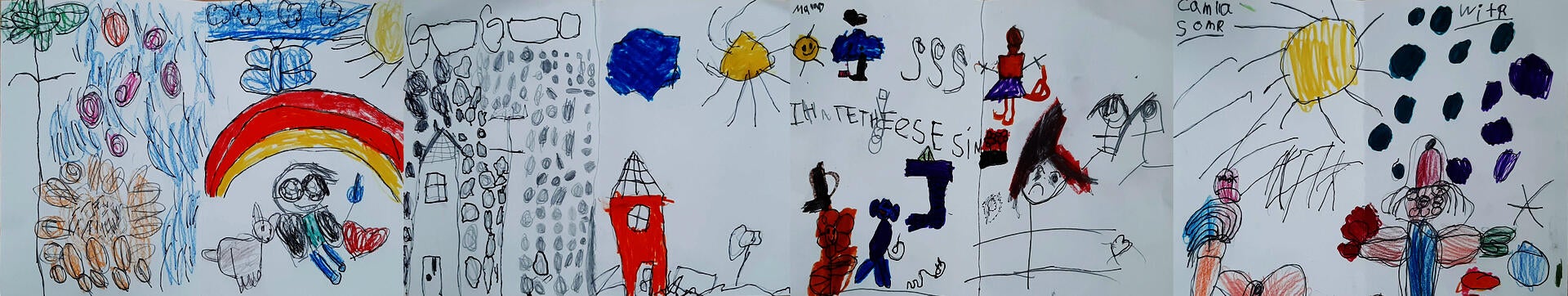Kindergarteners were shown various ways artist draw seasons, and how weather gives clues to what season an art piece may be. Thy then made their own drawings of a scenes in two different seasons, drawing weather to give clues on what season it is. Can you tell what seasons they drew?
