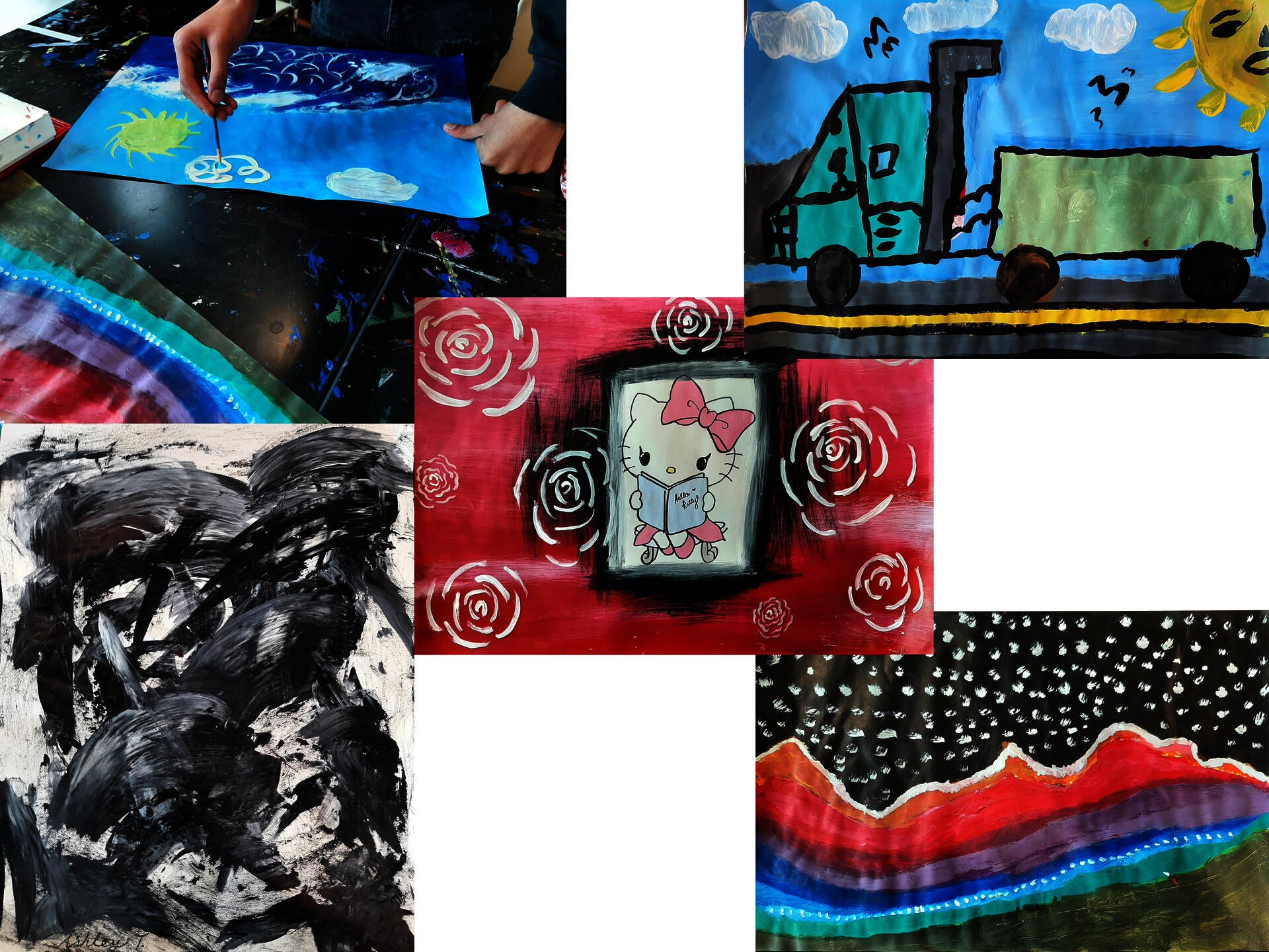 An acrylic painting assignment for High School. Students were given a quick rundown on the meaning of an aesthetic, which they all understood pretty quickly. Students who had trouble pinpointing their aesthetics painted things that they found beautiful.