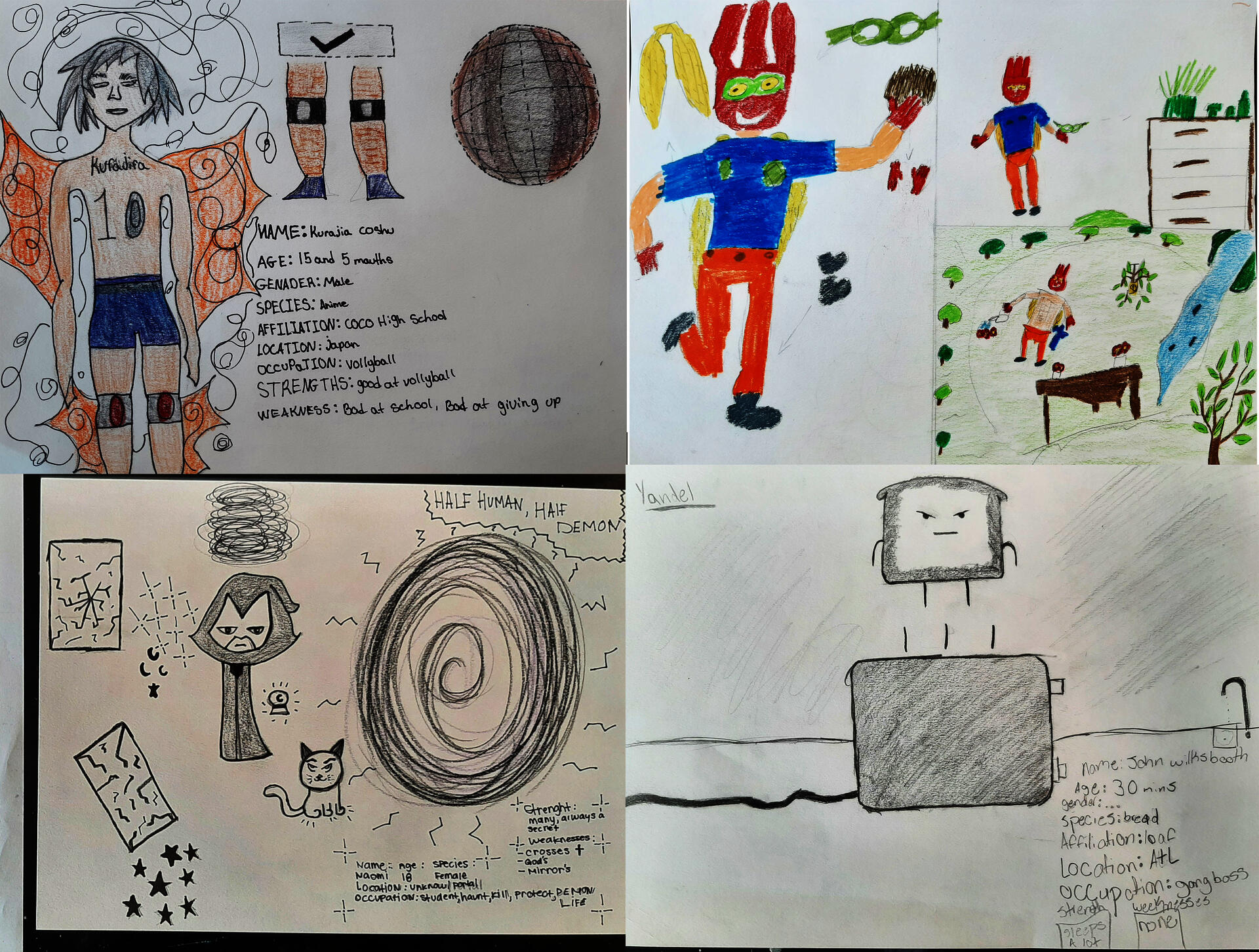 High school students created their own character designs, and created character profiles to put next to their character drawings as well. This lesson was also many student's introduction into anatomy drawing, so while the drawing process became challenging, it was a joy to see them be proud of their own finished art pieces.
