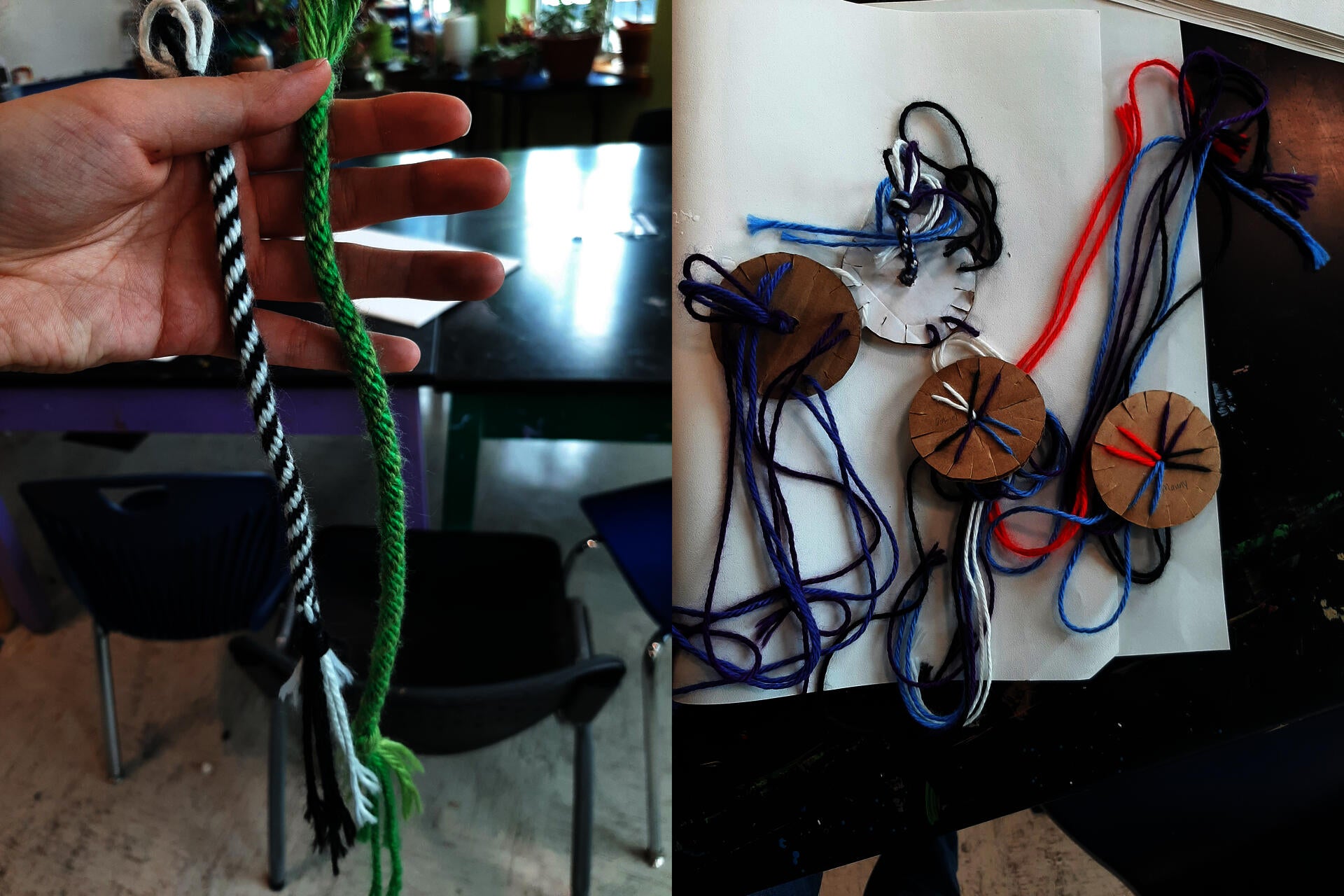 A weaving activity for the upperclassmen at my High School placement. As many of the students love anime, but don't seem to know much about Japanese culture itself, I wanted to introduce a traditional Japanese handicraft that was connect to a well-known anime movie. During the creation of the kumihimo braid, we had a small discussion about cultural preservation and traditional artforms that are fading as civilization continues to modernize. Overall, a popular project that students dragged friends from other