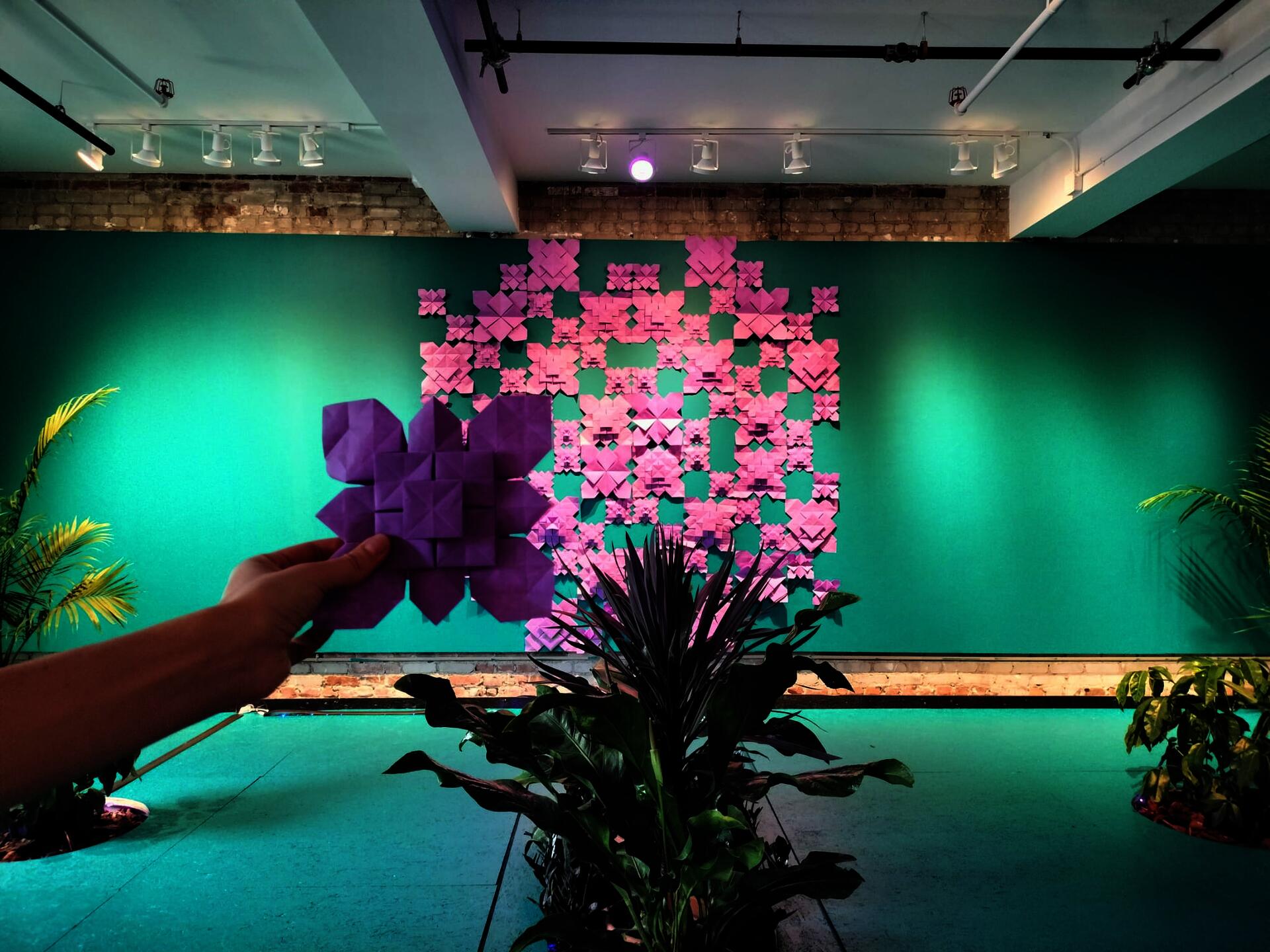 Purple fractals assembled on a teal wall.
