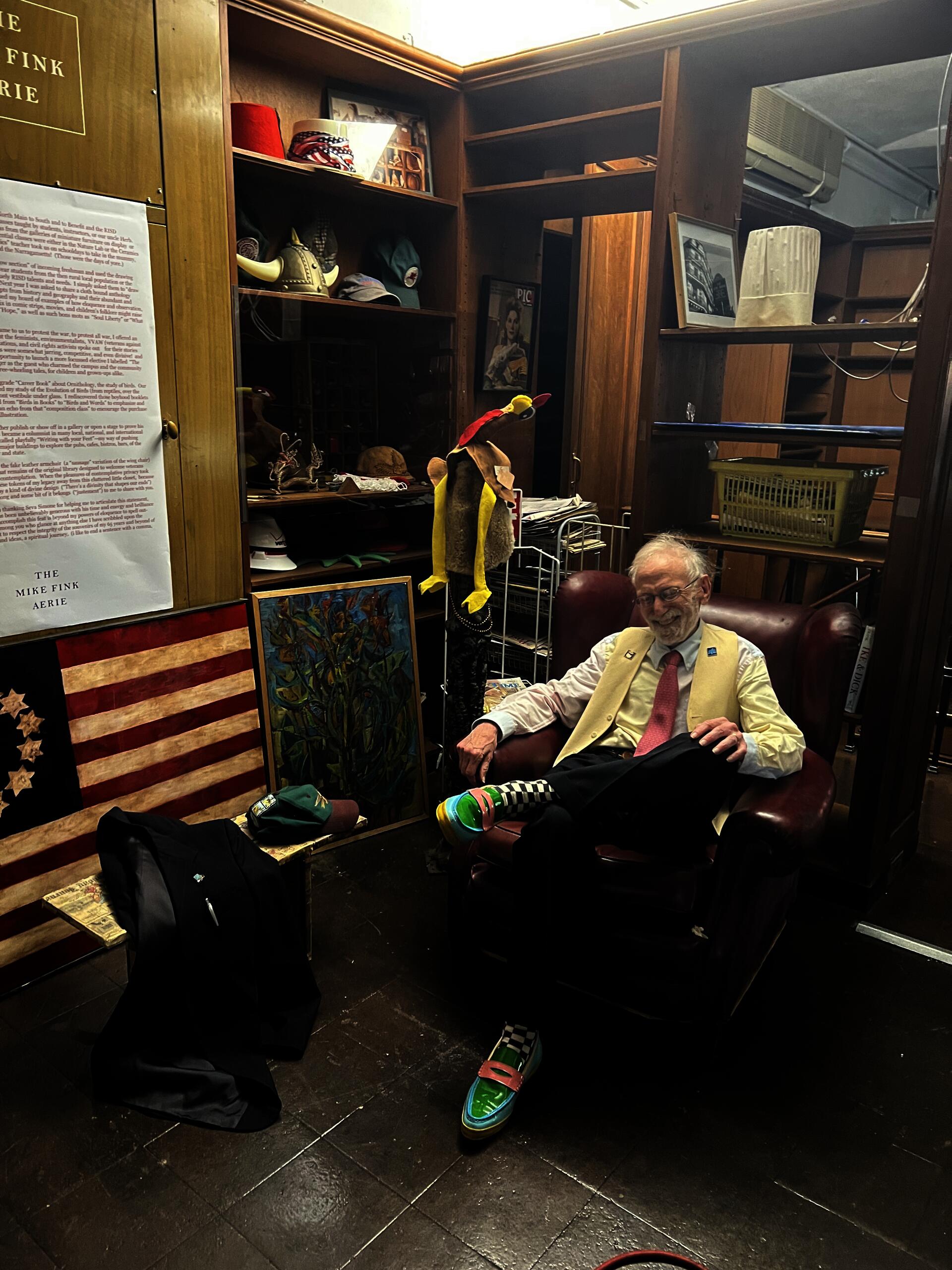 Mike Fink (pictured) gleefully enjoying the space we put together (The Mike Fink Aerie). A nod to one of Mike’s earlier projects during his 60 year tenure at RISD, which was a public library in the Old Library at RISD.