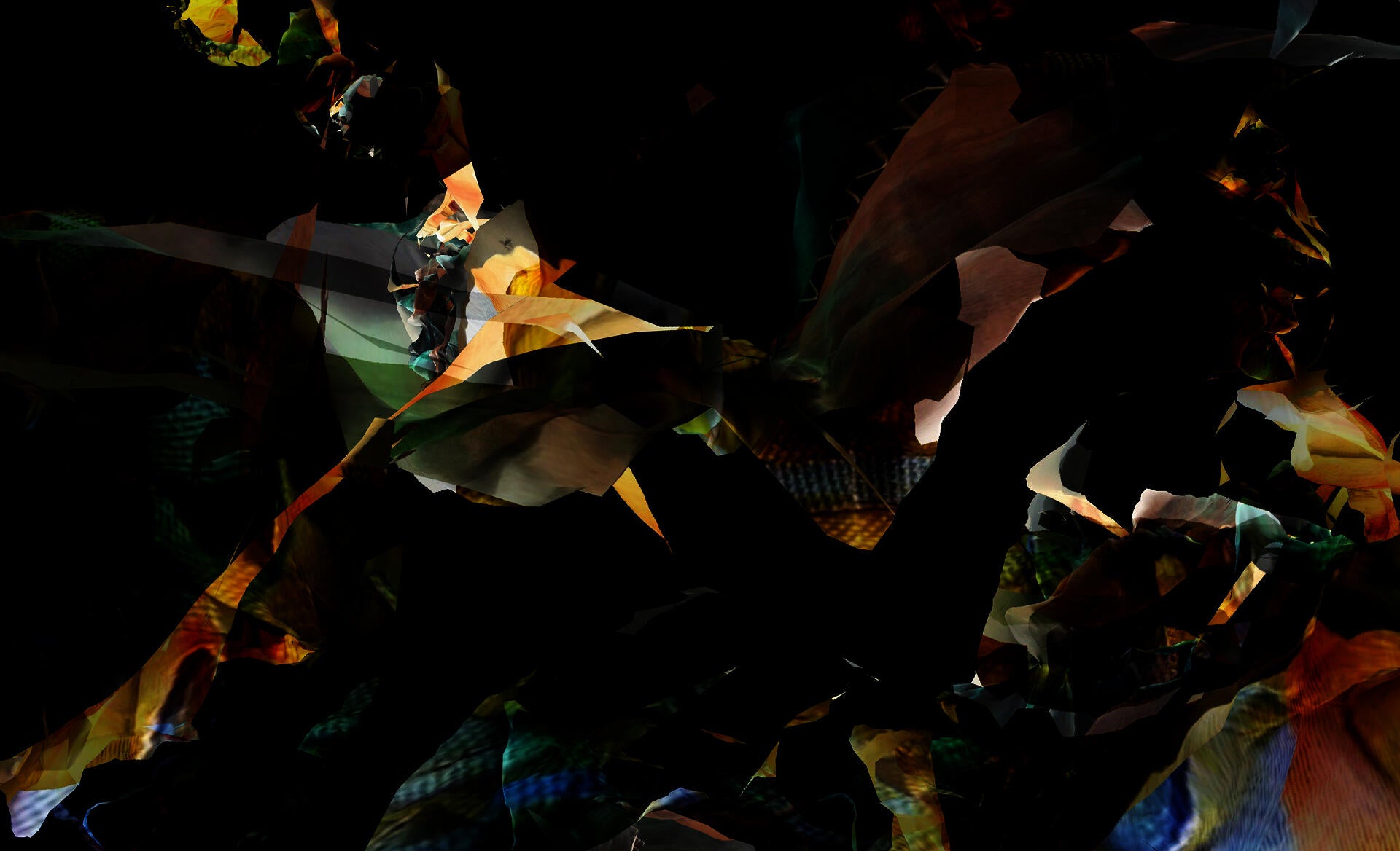 colorful geometric shapes protrude from a black background