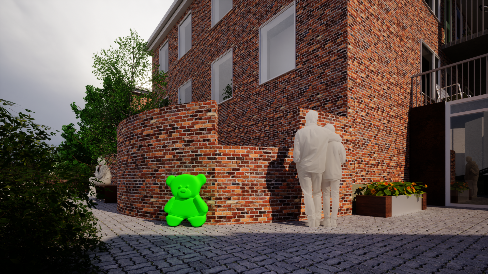 Exterior perspective highlighting the friendly object, the bear, near the front entrance of the site. The friendly object is designed to enhance the arrival experience of the individuals who will live on the site.