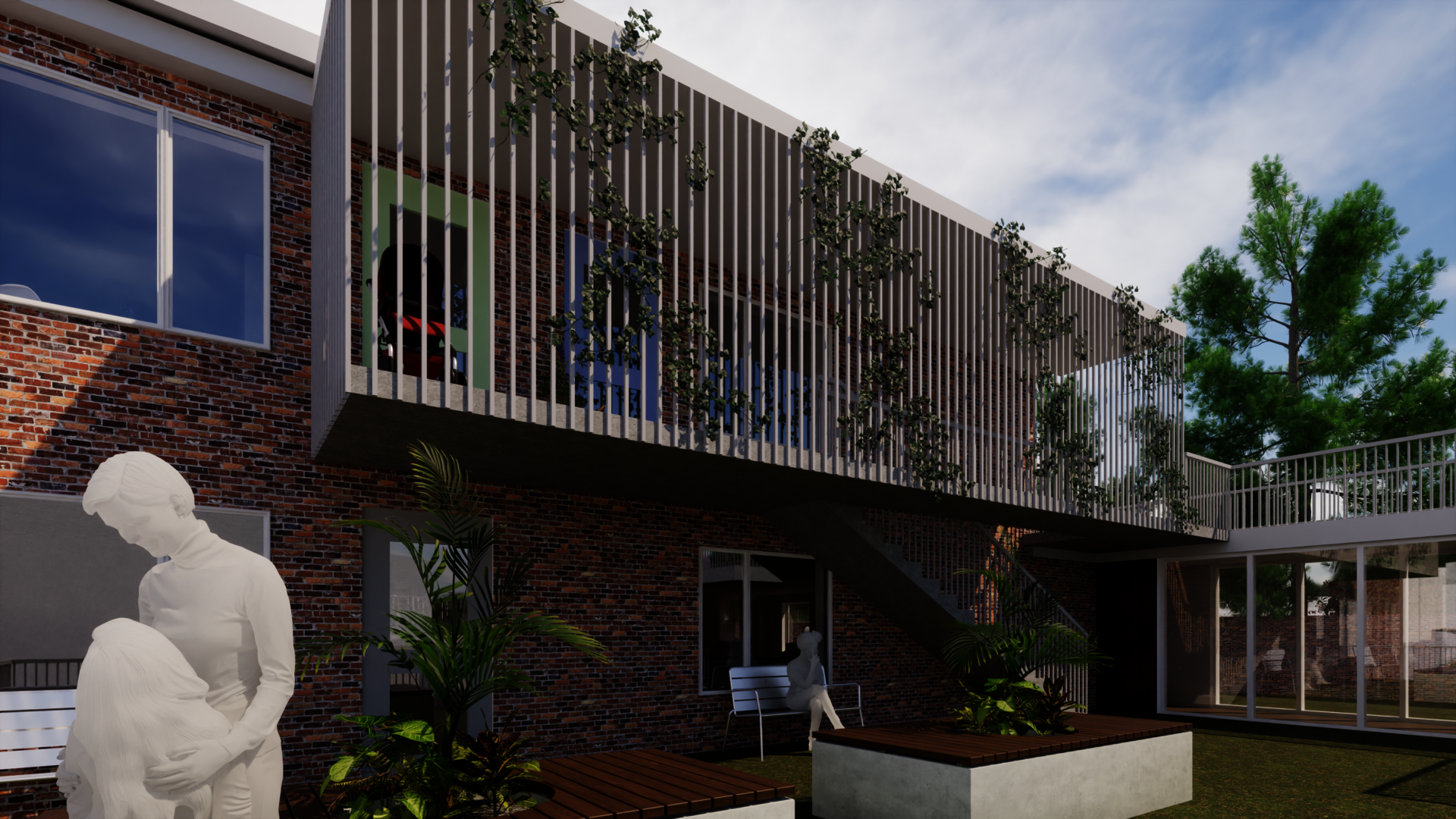 Exterior perspective displaying interior programmed space extending out onto an exterior balcony and courtyard.