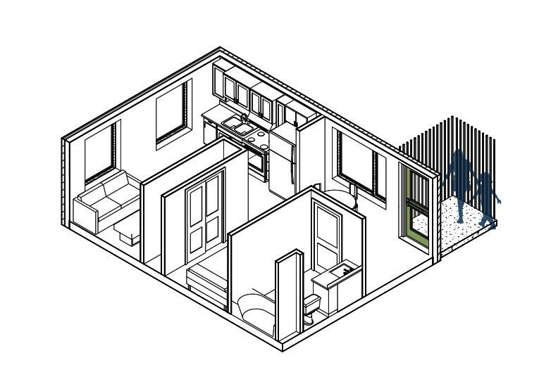 Typical unit axon displaying how an individual would access private space through their own personalized front door.