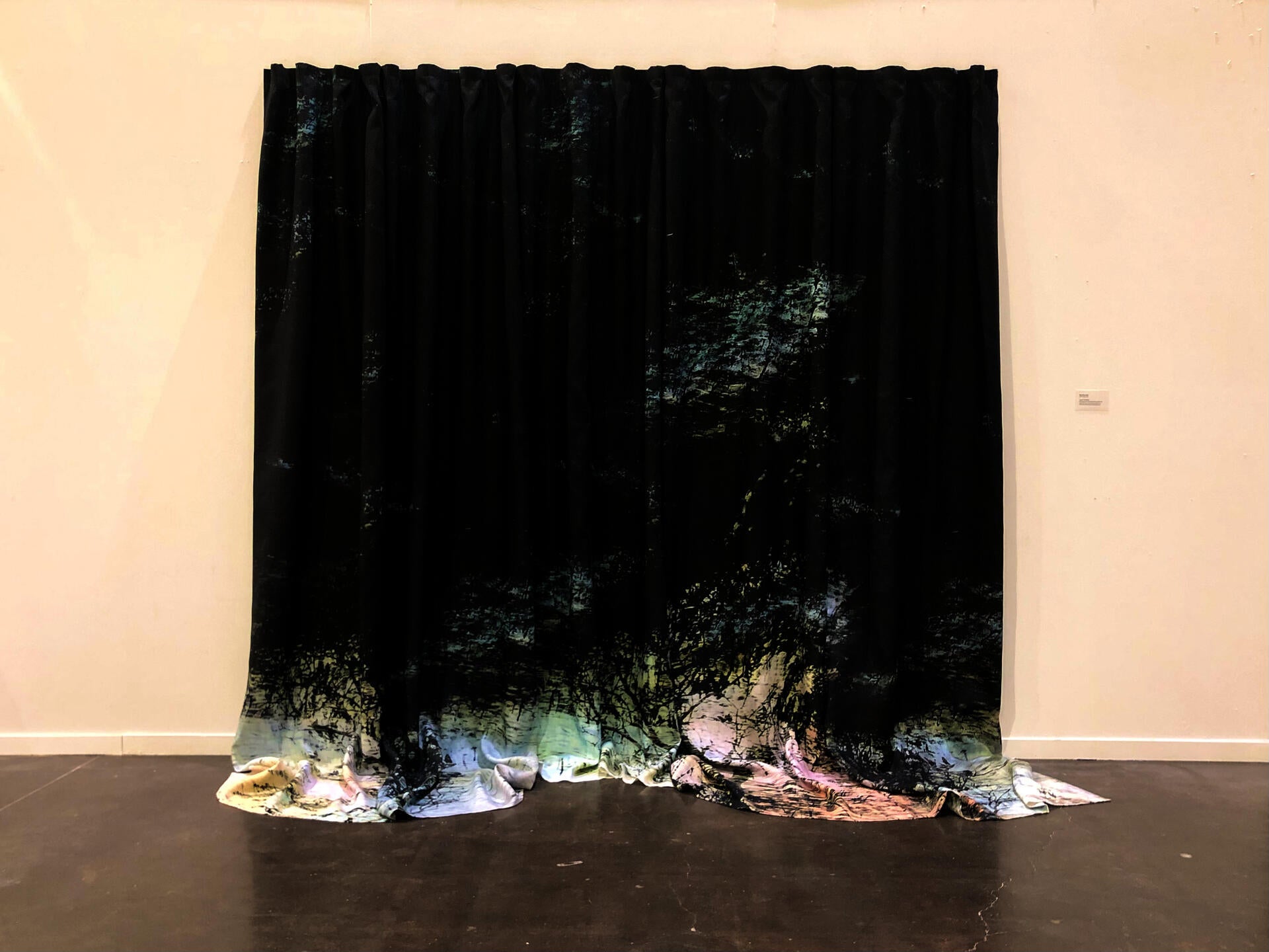 photograph and charcoal printed on fabric and paper, shot over and over again - on sublimation dye printed and steamed linen