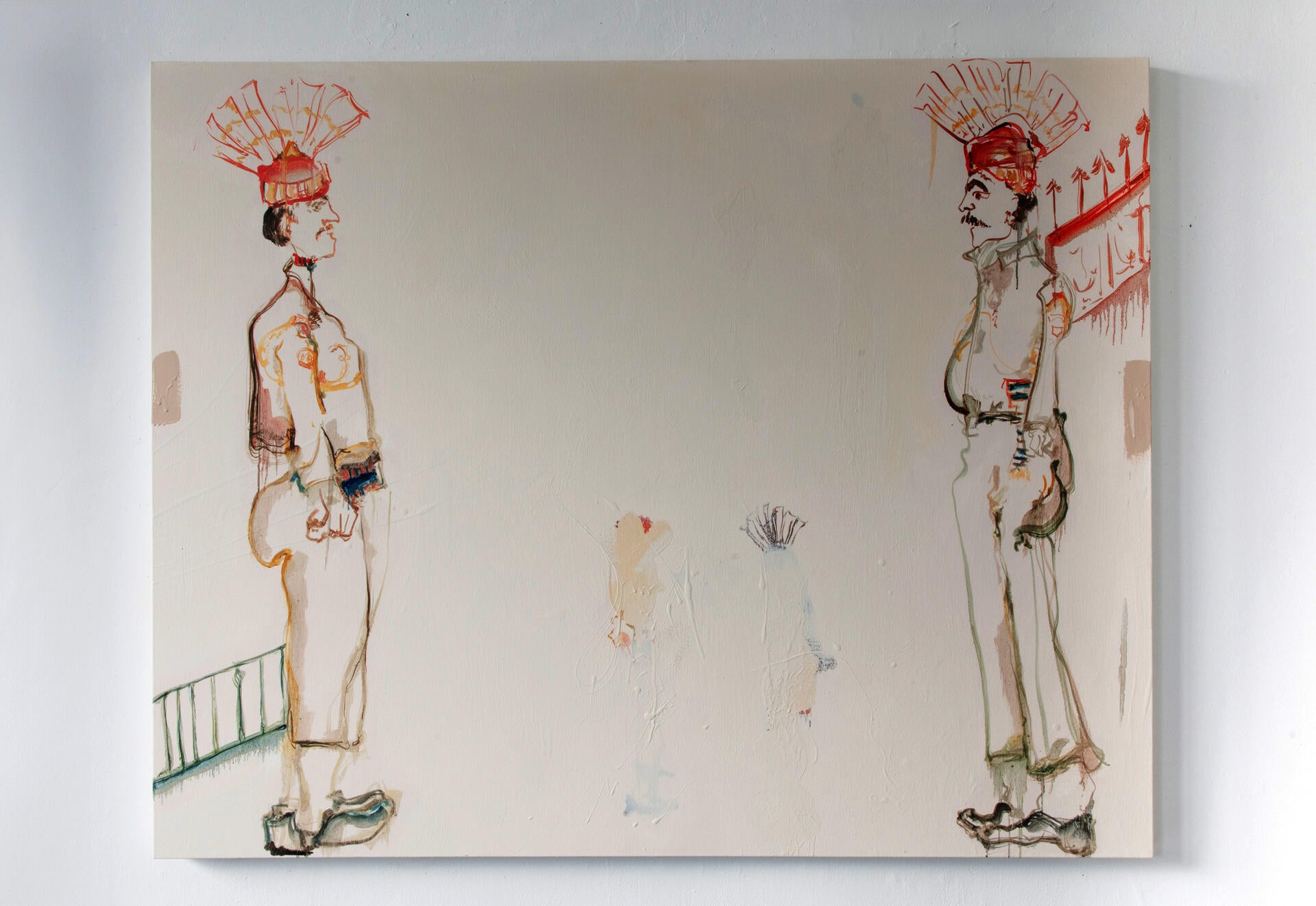Two larger soldiers facing eachother with large gap in between them. Two smaller figures abstracted.