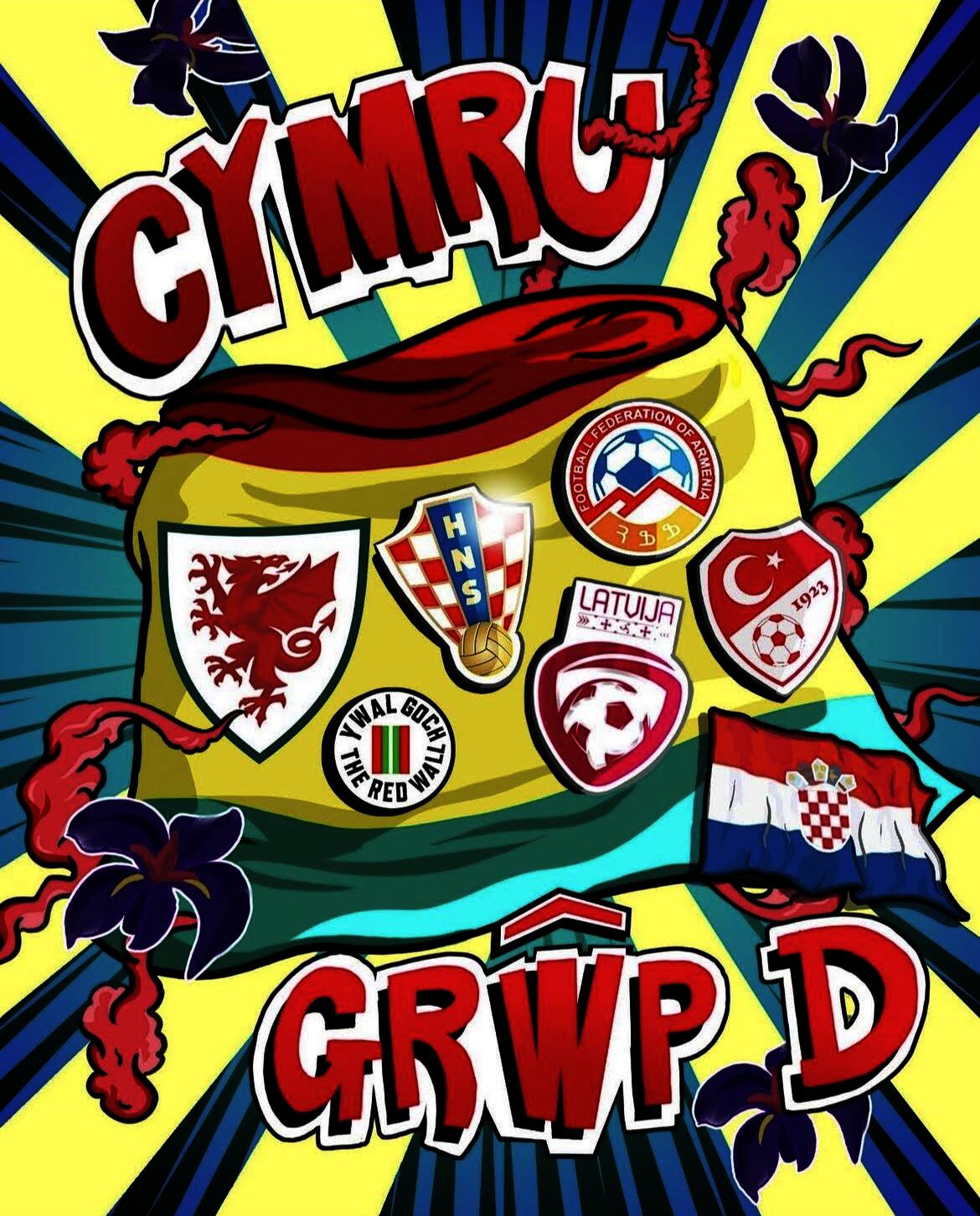 Art of a bucket hat surrounded by daffodils with different country's national football team logos and the words "Wales Group D" in Welsh.
