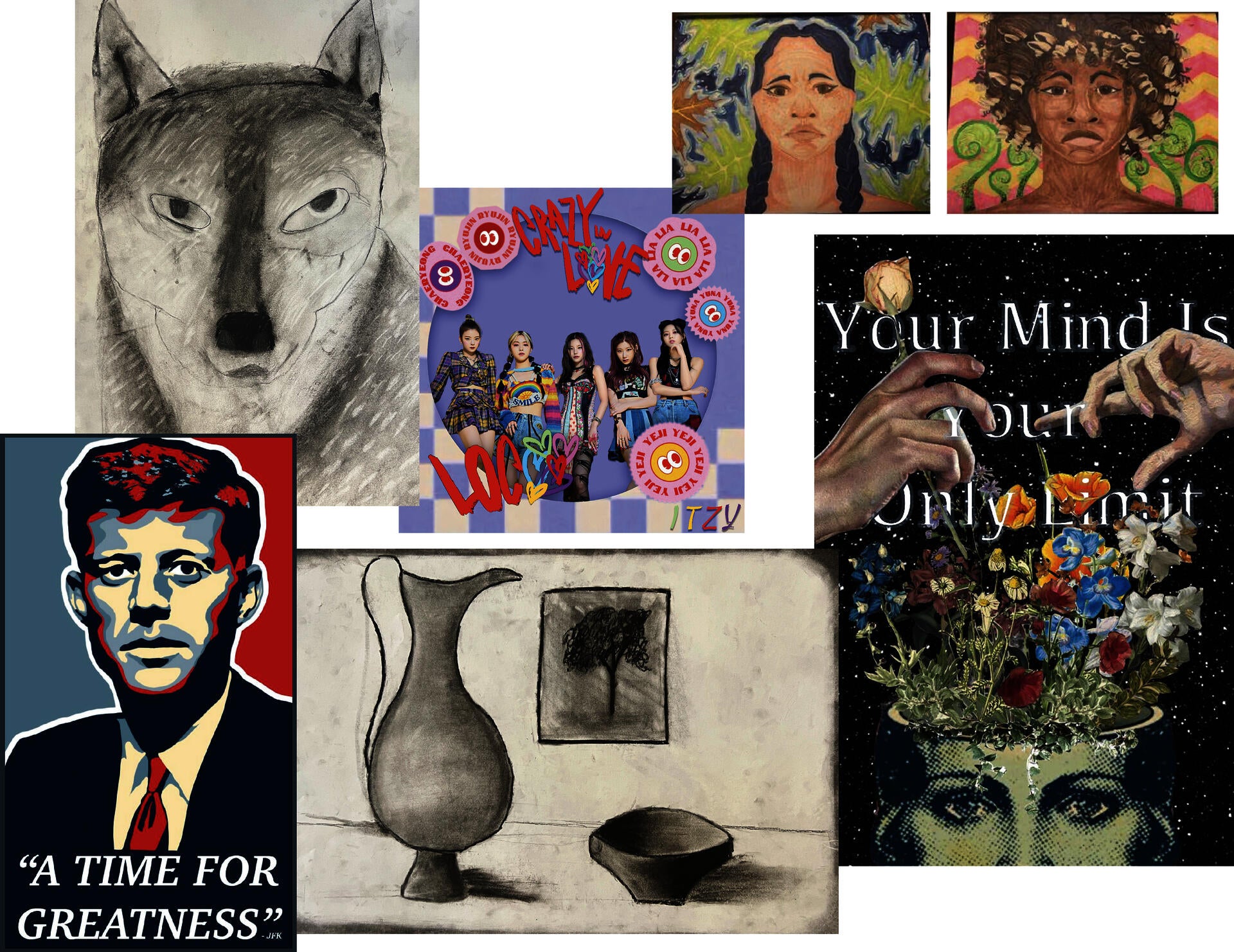 Selected works by high school students. Works range from digital posters to still life drawings to album covers. Students of all skill levels are represented.