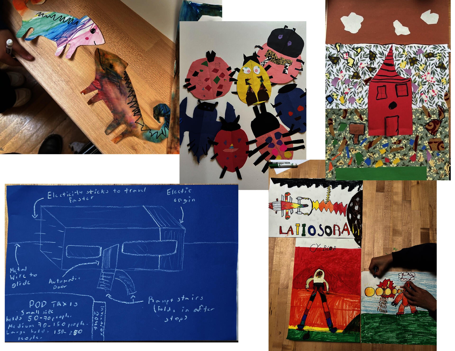 Selected works by elementary school students. Works include invention blueprints, home collage, symmetrical beetles, and hybrid creatures. Students from grades kindergarten through fourth grade are represented.
