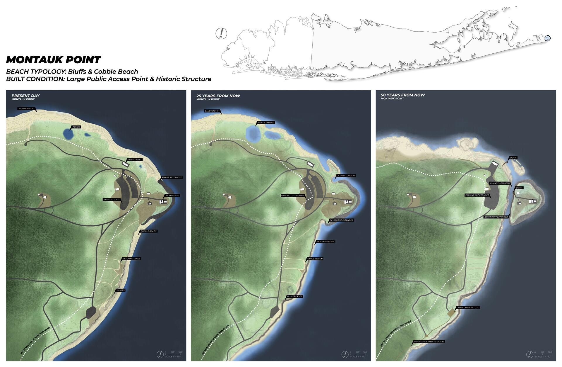Plan drawings showing present day conditions and a speculative future of Montauk Point at 25 and 50 years from now. Linework plan showing location of Montauk Point. Textual information about coastal typology.