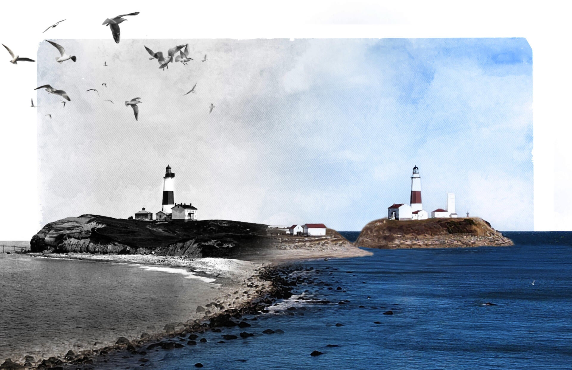 Digital collage of Montauk Point transitioning from bluffs to stabilized island.