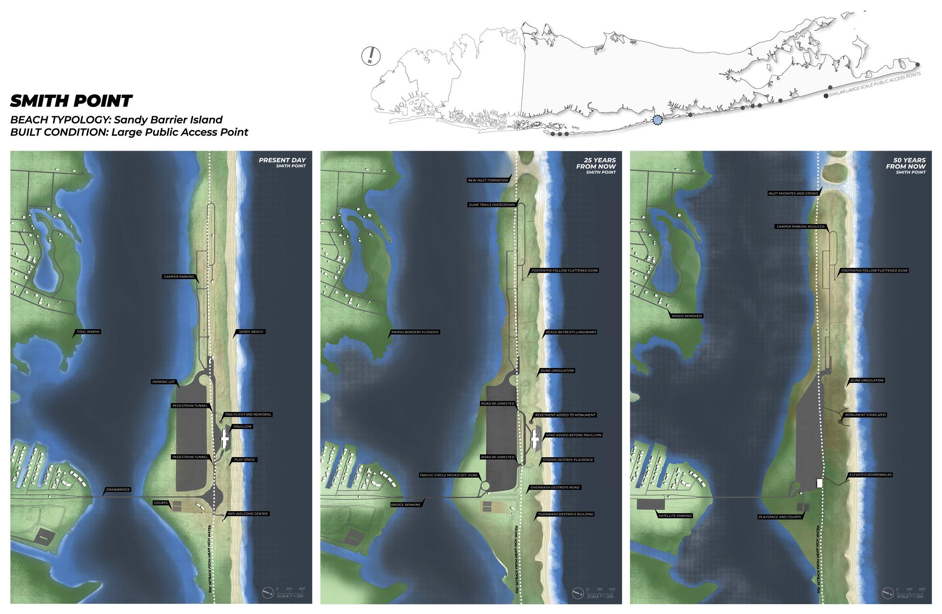 Plan drawings showing present day conditions and a speculative future of Smith Point at 25 and 50 years from now. Linework plan showing location of Smith Point. Textual information about coastal typology.