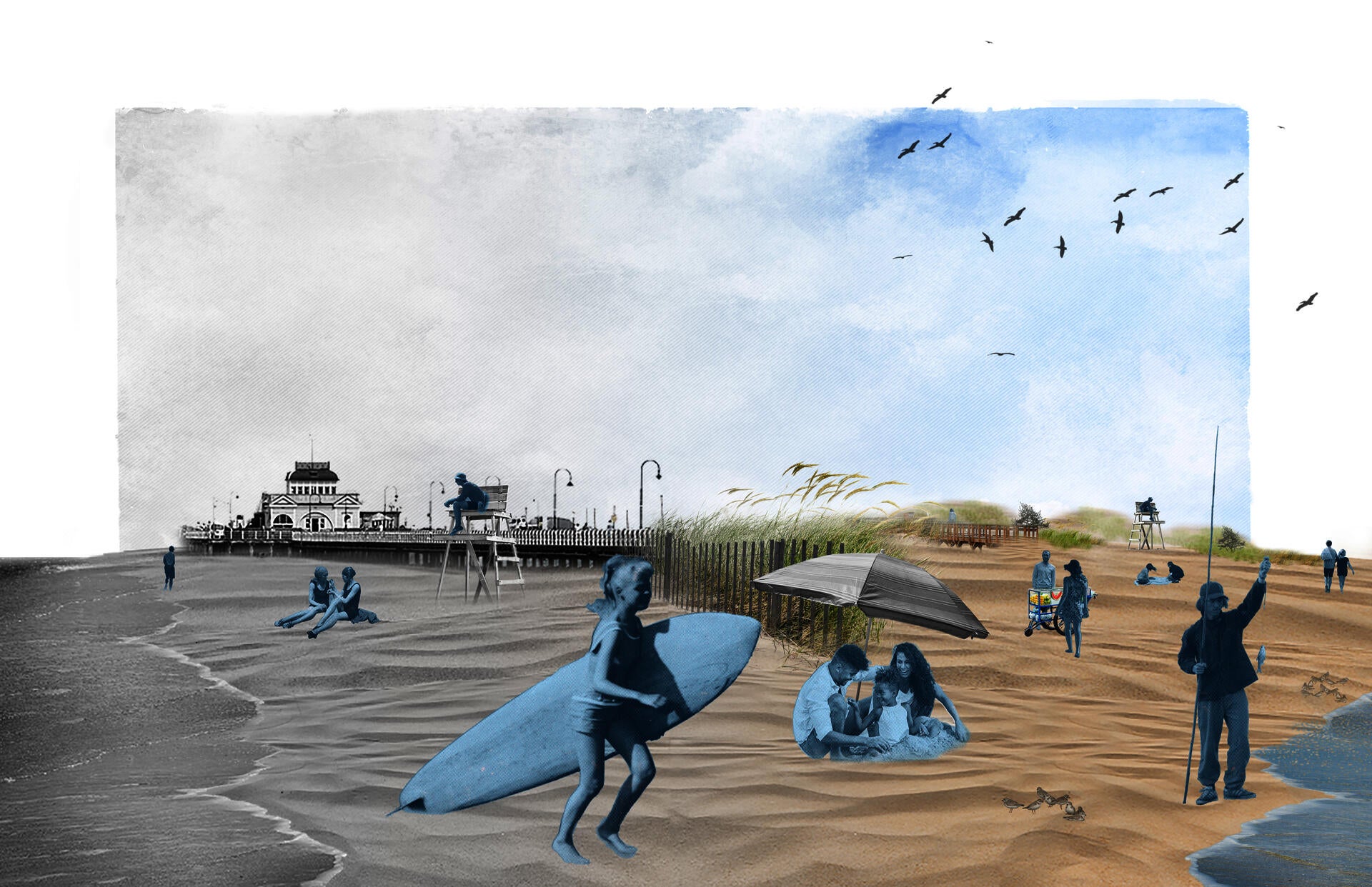 People partaking in different forms of beach recreation.