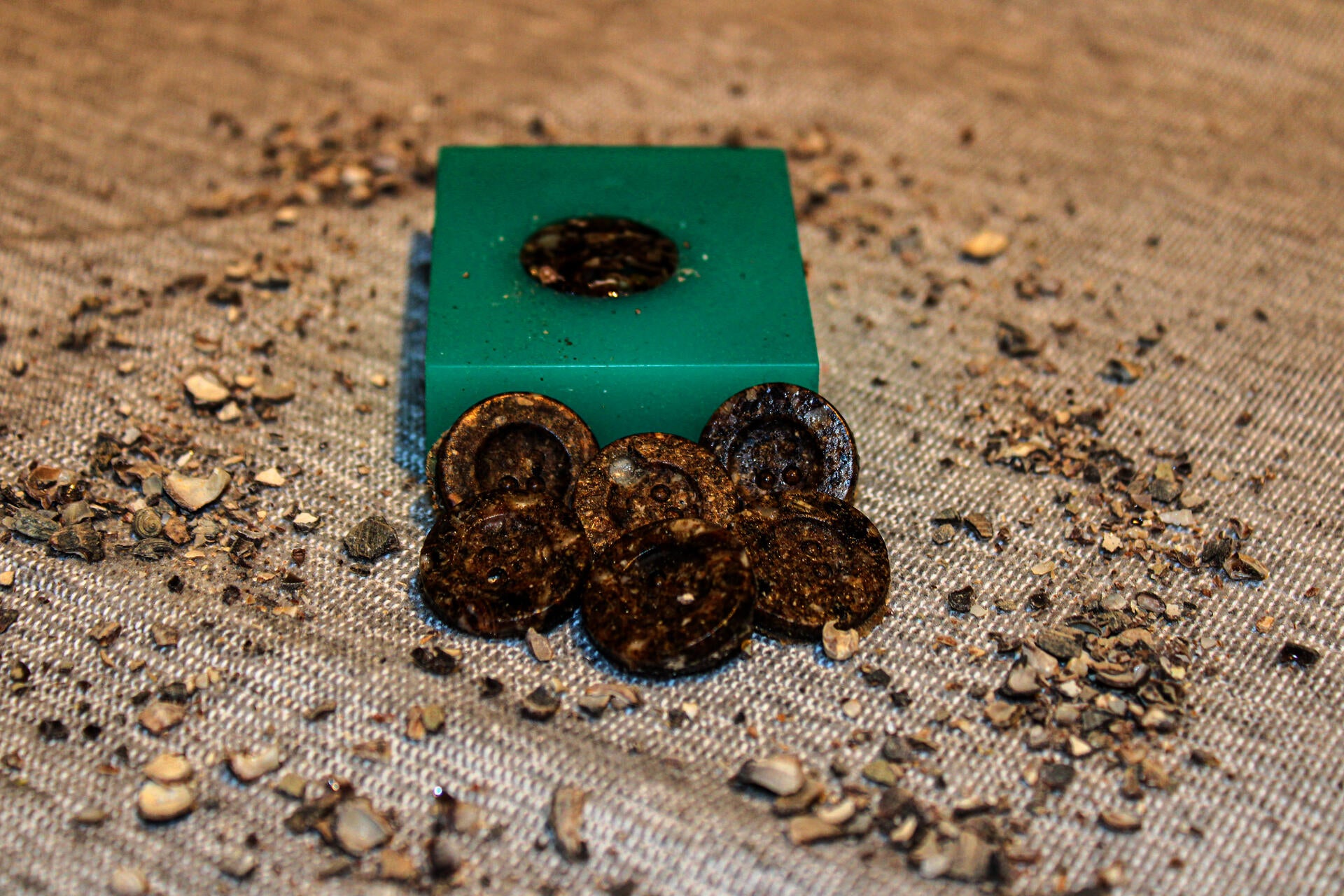Close-up image of six buttons made from ground up periwinkle shells. They are rather earthy and look somewhat like a light brown soil mixture. Behind the shells is a bright green silicone mold used to make the shape of the cast objects.