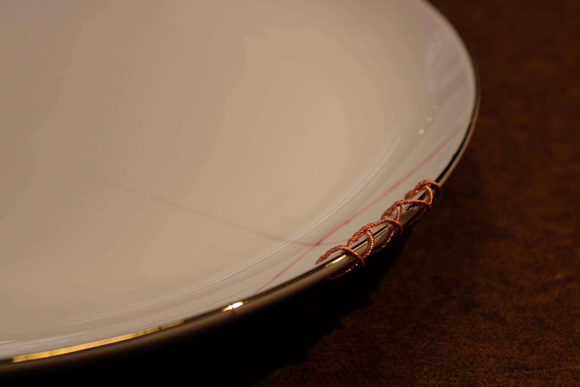 Close up image of the edge of a white plate (different angle than the former image) which has been essentially sewn back together using tiny copper wires.