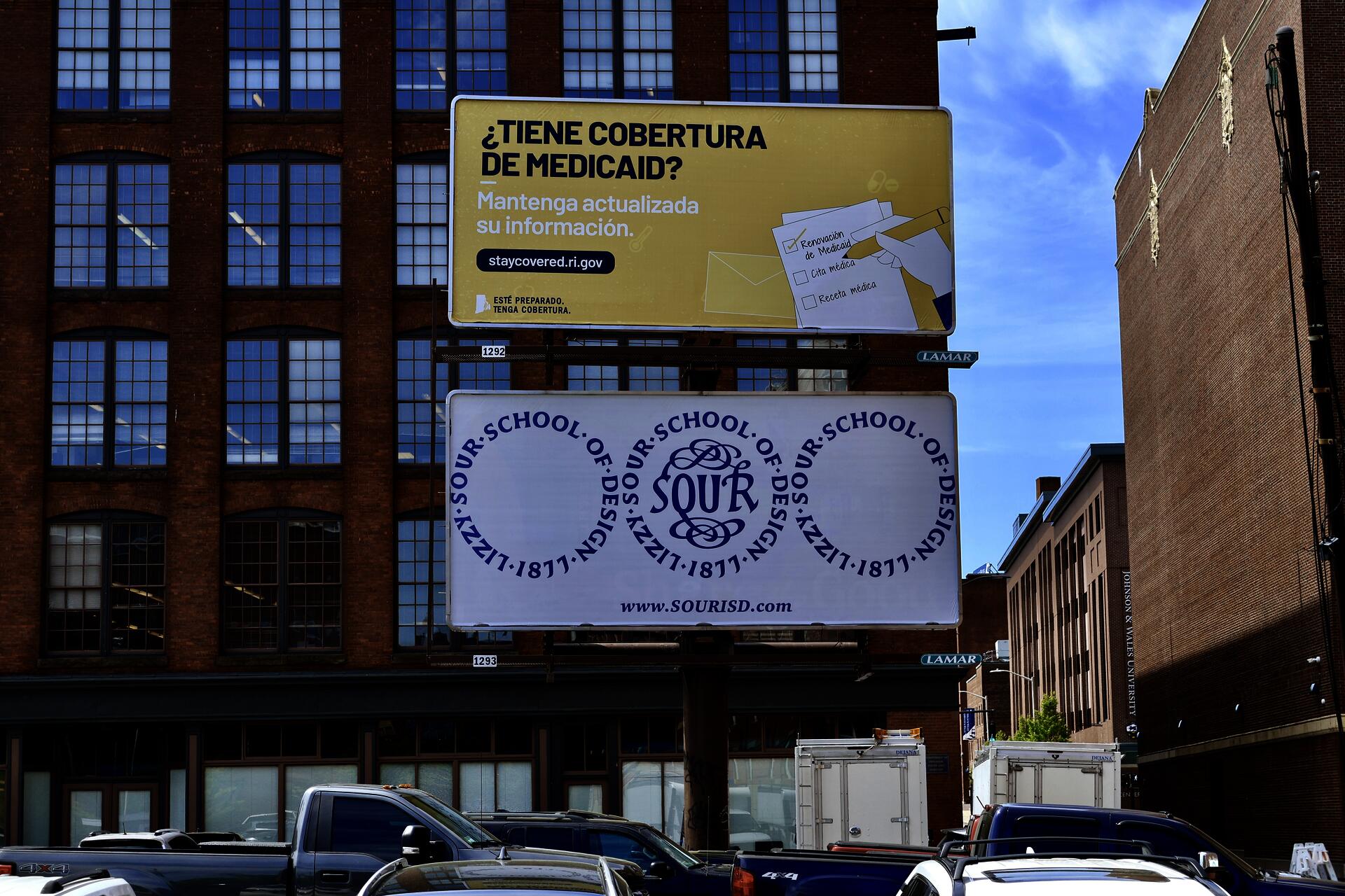 “The Lizzy Sour School of Design Billboard Project” (2024), advertisement posting will be displayed until early June. Located on the corner of Page & Pine Street in Downtown Providence. Visit the website, www.SOURISD.com to learn more!