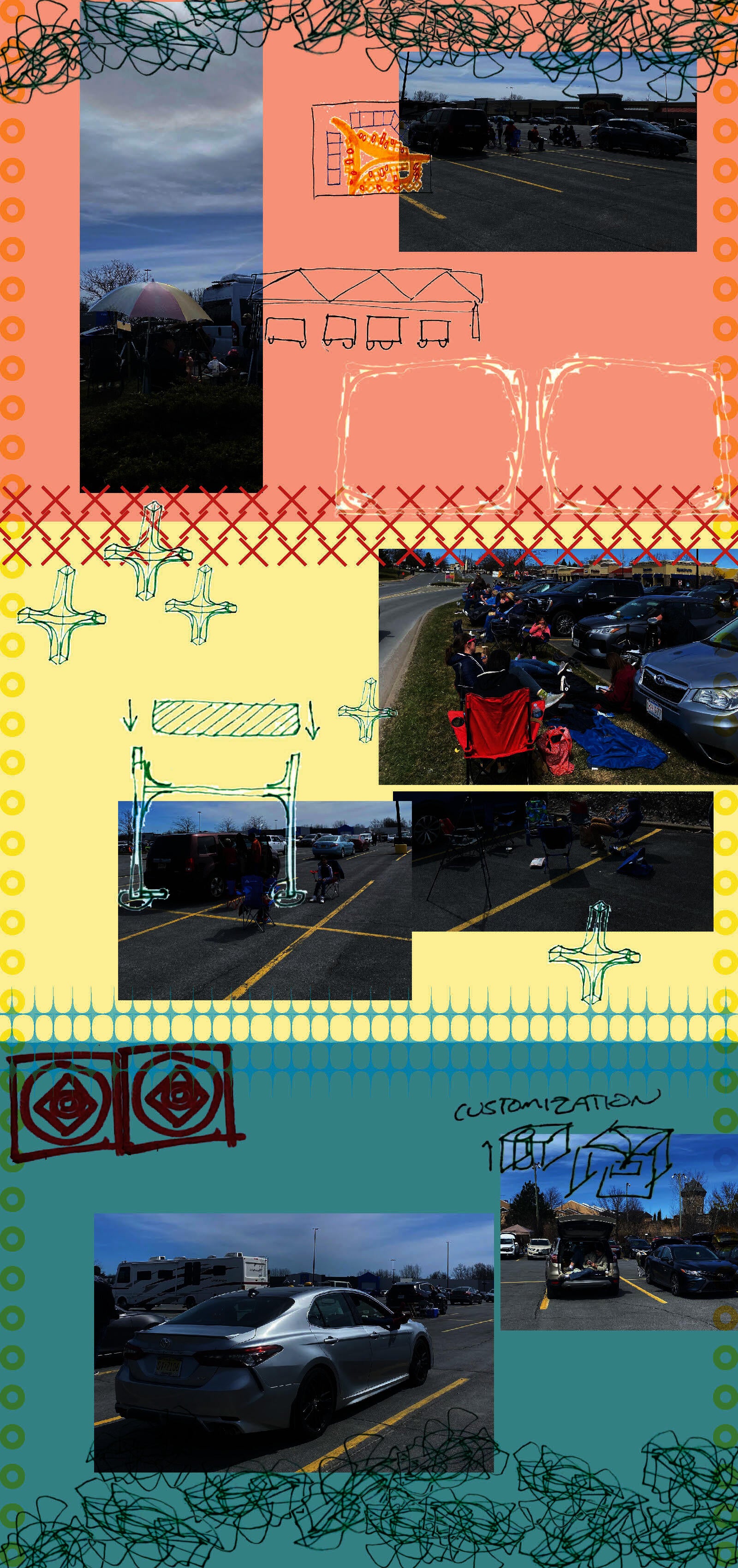 The last book of my thesis collection utilizes flipping pages to involve the reader, with this page demonstrating forms of parking lot community found during the 2024 eclipse. With collaged sketches from my notebook to demonstrate my zoom in zoom out style of thinking, the pictures swirl inside my mind and on my page. Customization?