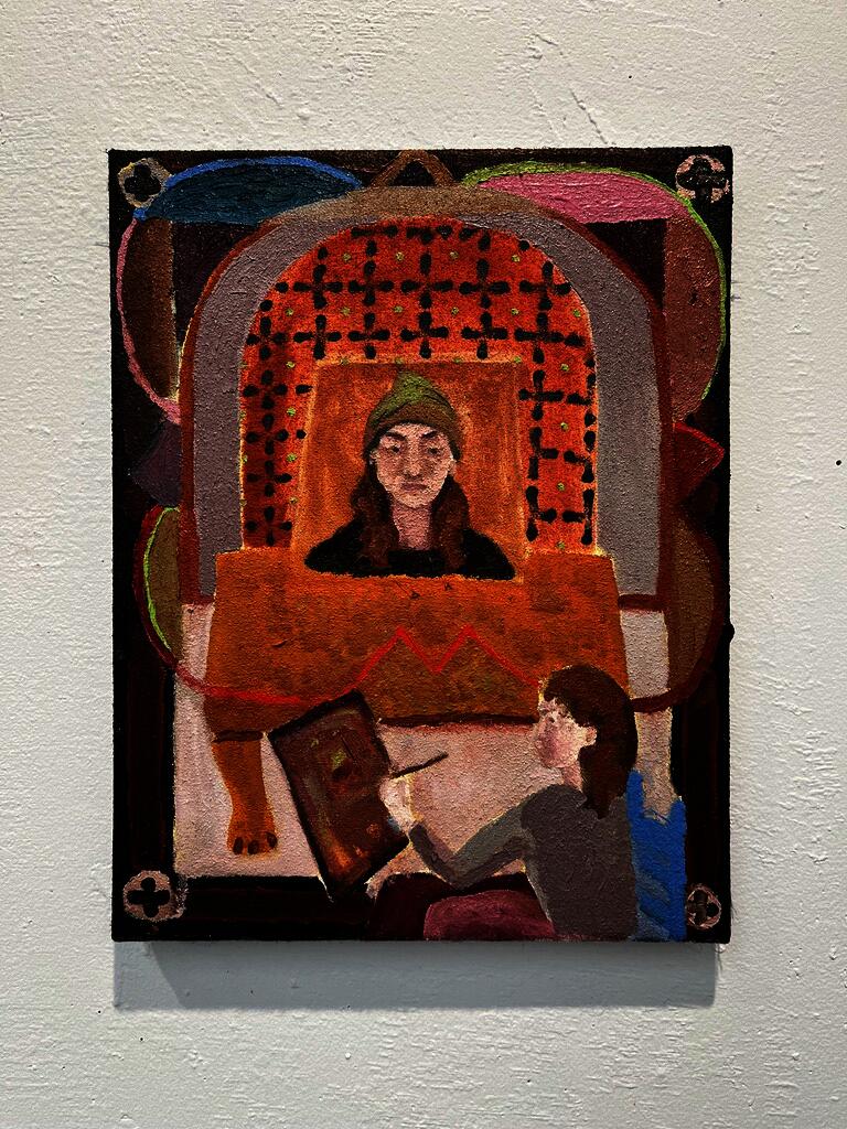 Portrait where the artist has included herself painting in the frame. The style of the artwork references medieval self-portraiture in composition and formal qualities.