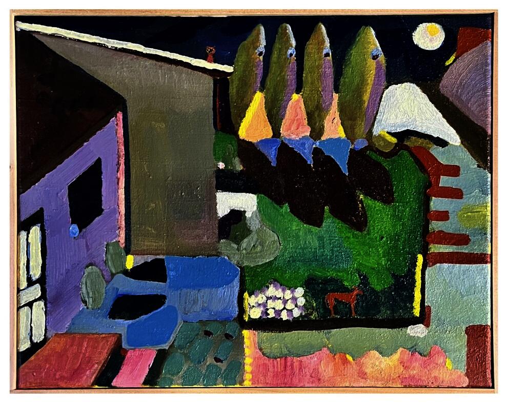 Flattened view of the outside of a house and the surrounding garden. There is a small dog and many organic forms around the partial view of the house.