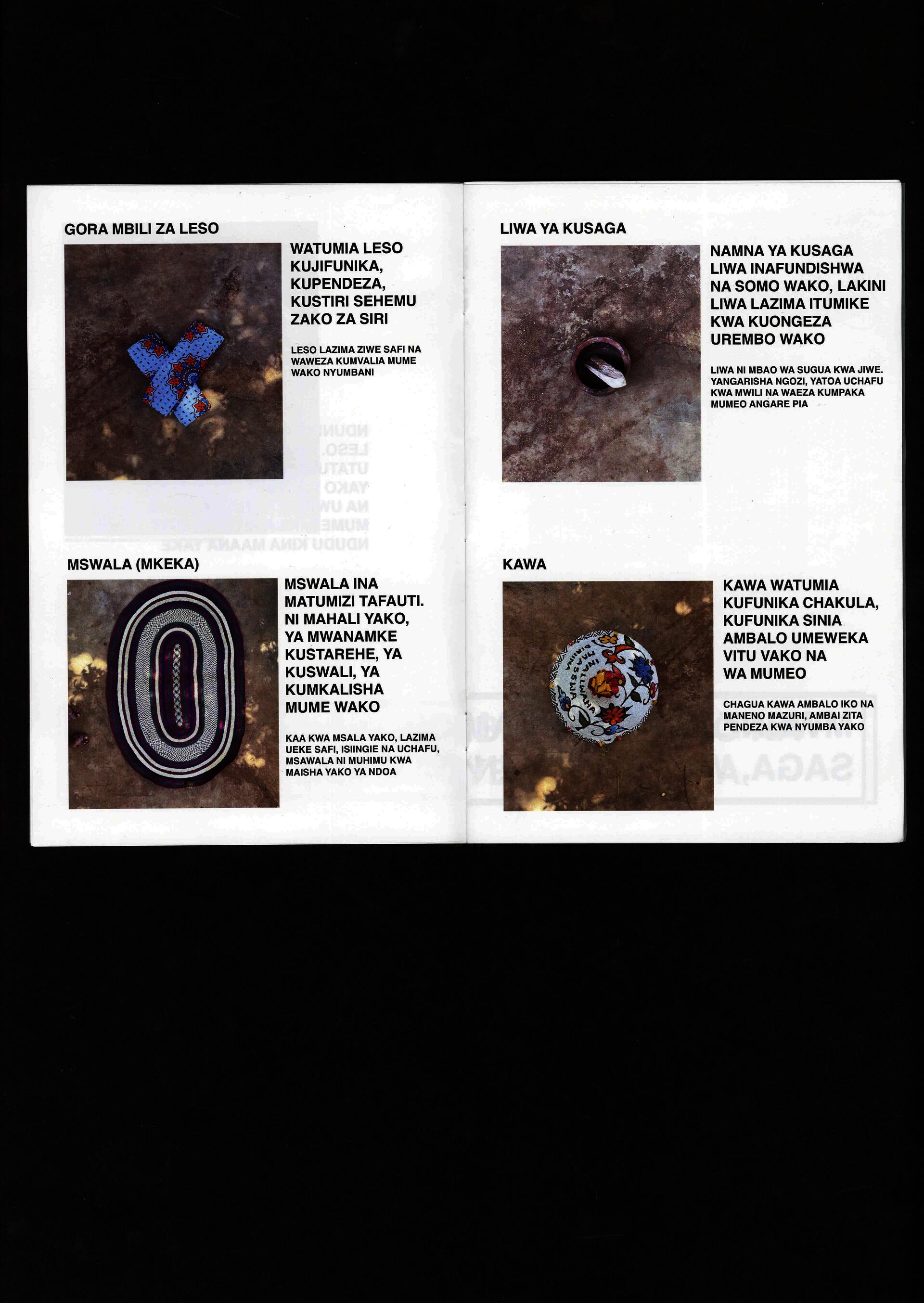 A zine with imagery and text. Images contained are Swahili paraphernelia and text is in Kiswahili