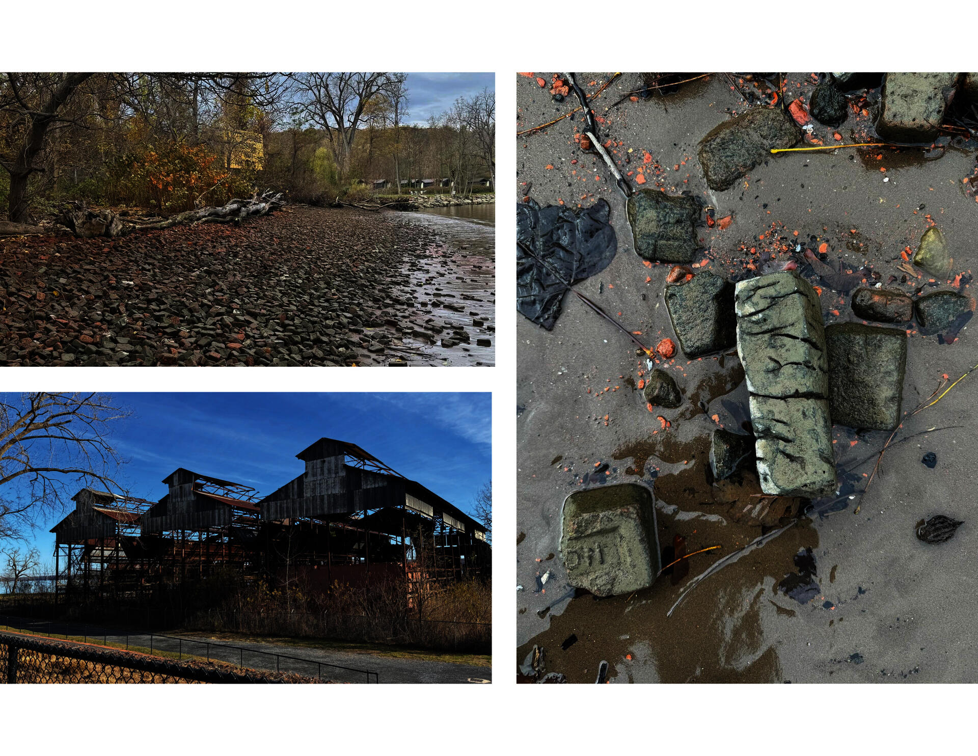 Image shows to maps, one showing historic brickyards on the Hudson River and the other showing a map of C&D processing facilities in the northeast with a concentration of facilities along the Hudson River.