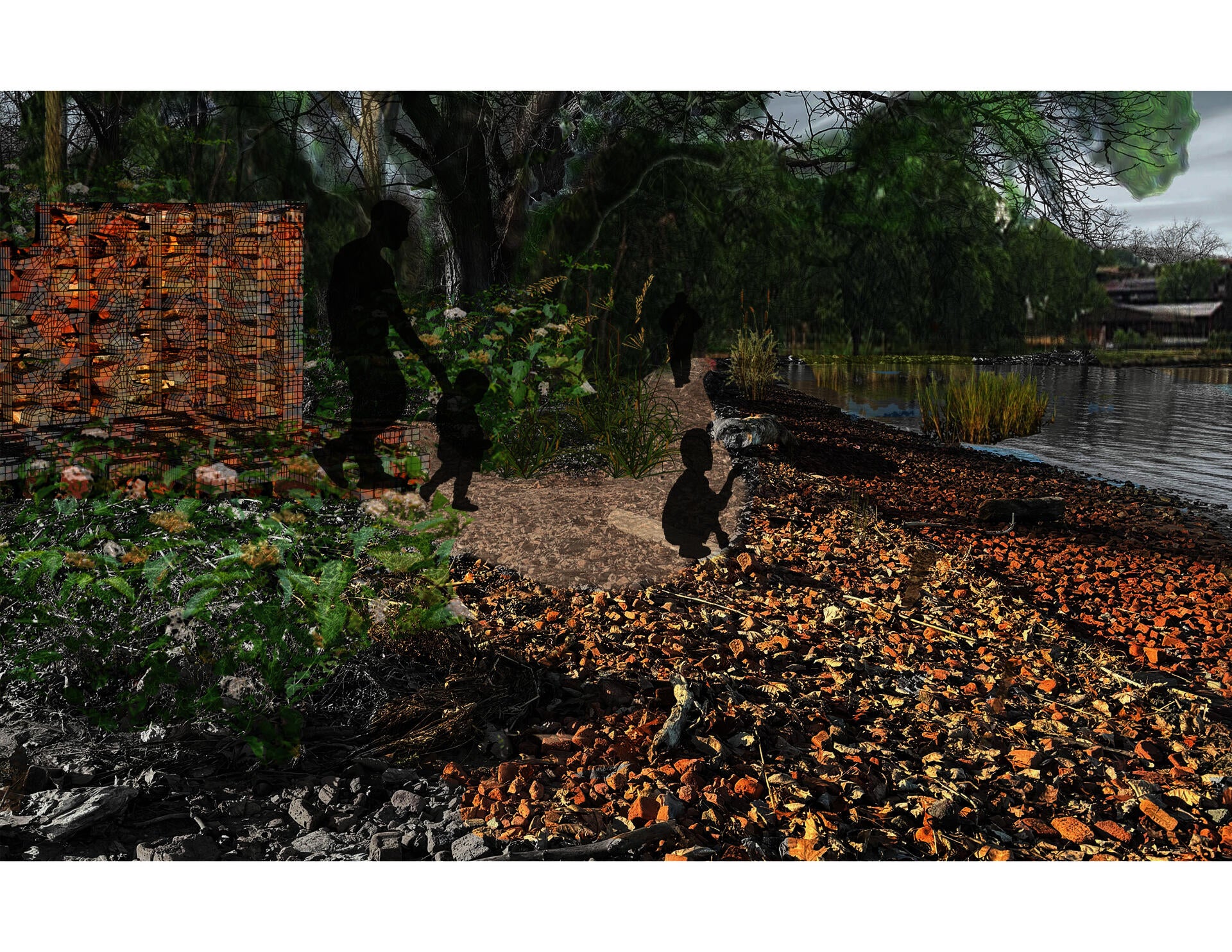 Images is a perspective rendering of the beach, showing the brick rubble cleared to form a path and the modular system existing as a wall and threshold.