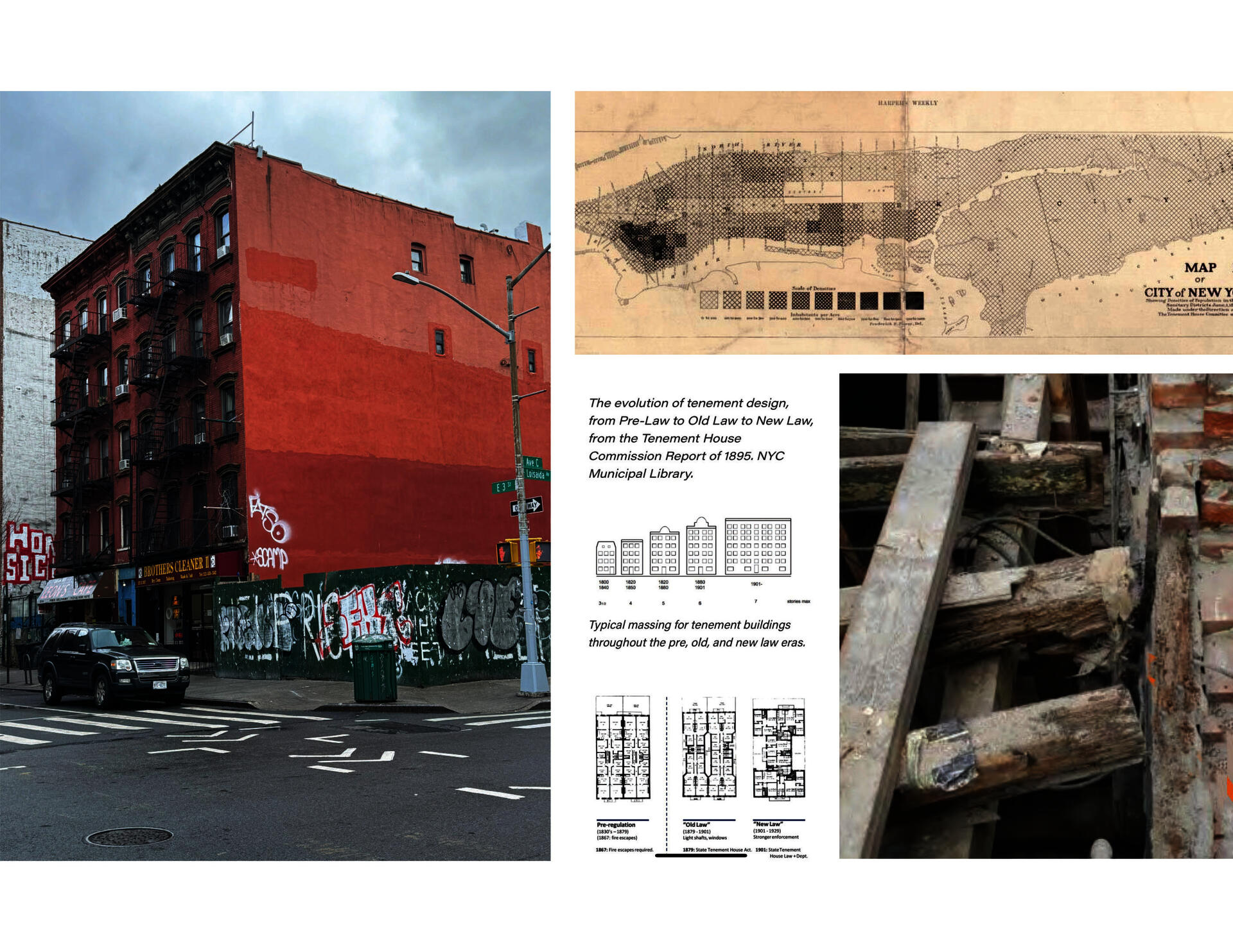 Image shows the typologies of tenement buildings on the Lower East Side and their common structural deficiencies.