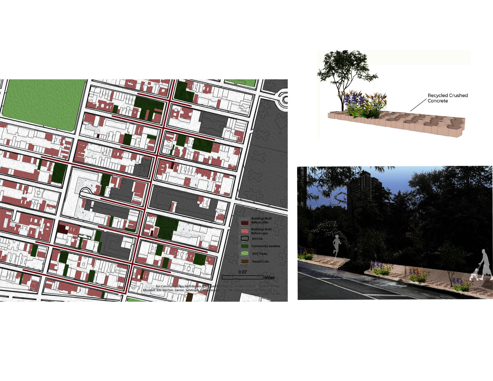 Image shows a plan and rendering of my design for Avenue C.