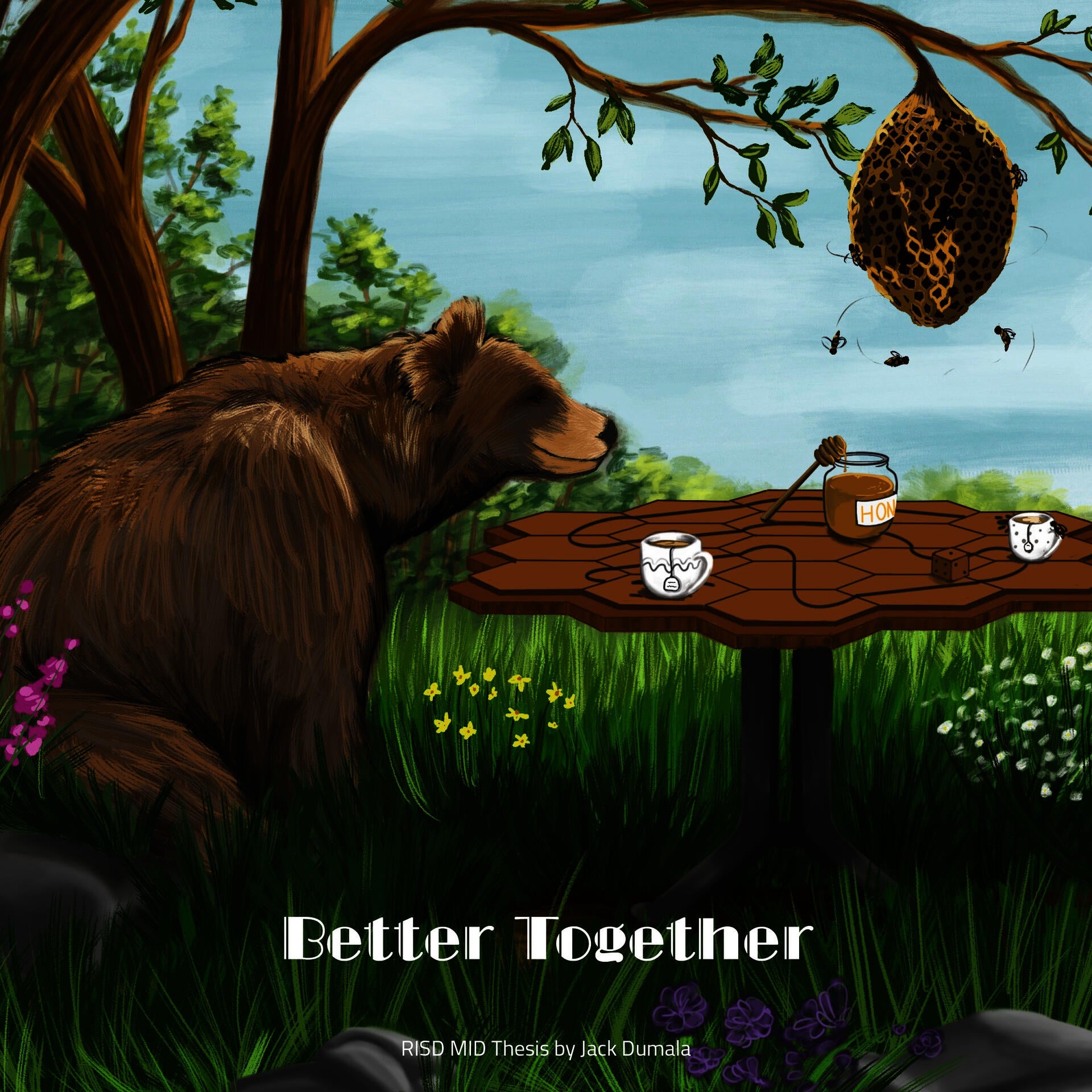 Greenery and Nature, Honeycomb game table, bee hive, brown bear sitting on ground, honey, tea time