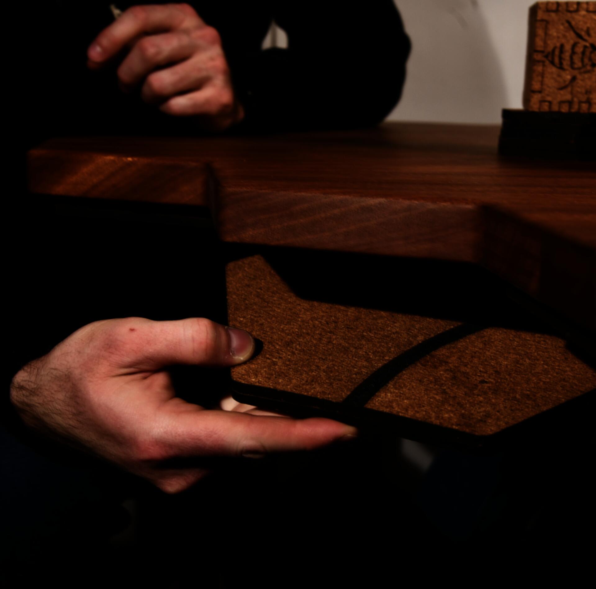 Hexagonal cork tile, tile magnetic, magnetic to bottom of the table. Accessible storage of game