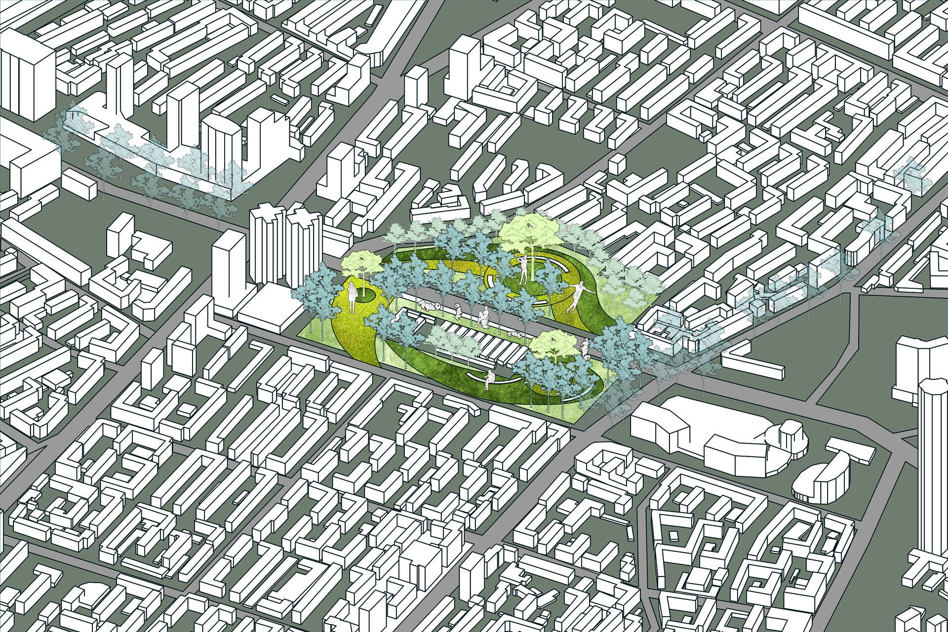 The new park design to direct pedestrian flow toward a system of green ecosystem