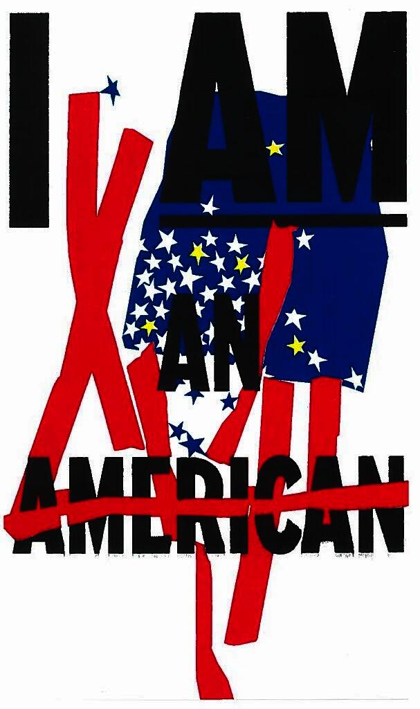 Screenprint with the phrase "I AM AN AMERICAN" where "AMERICAN" is crossed out with a red stripes, featuring white and yellow stars on a blue background.