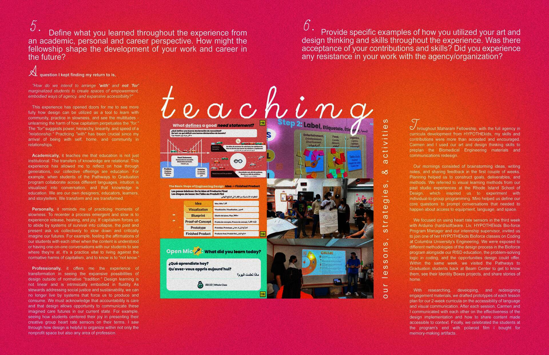 Gradient orange-to-pink page with centered images depicting students collaborating on design tasks in Beam Center's studio setting. Text and diagrams are visible around the images. Title reads "teaching" with subheading "our lessons, strategies, and activities".
