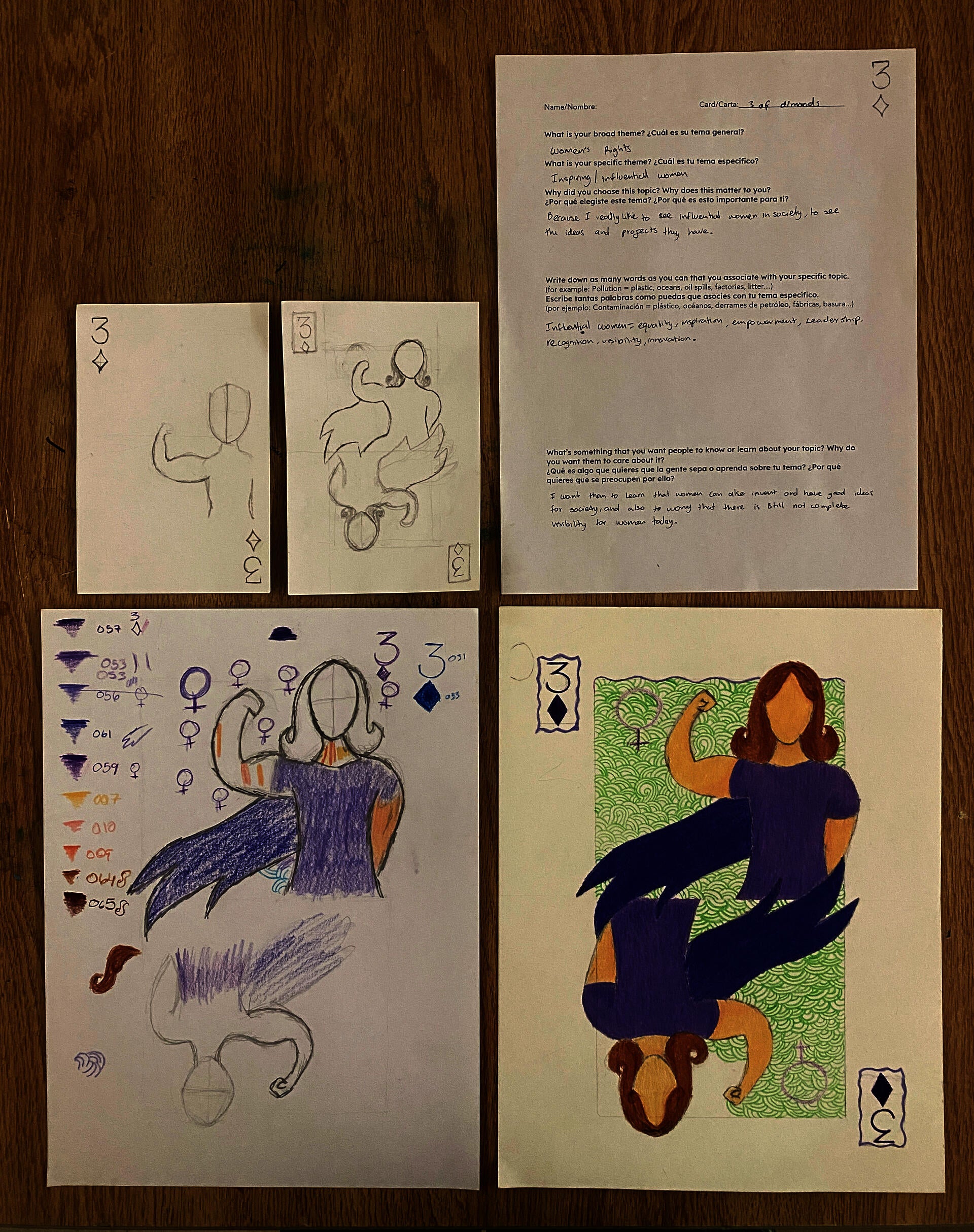 Papers counter-clockwise from top right: guided brainstorming sheet, rough sketches on index cards, testing colors, and final illustration featuring a diagonally symmetrical drawing of a woman flexing her bicep.